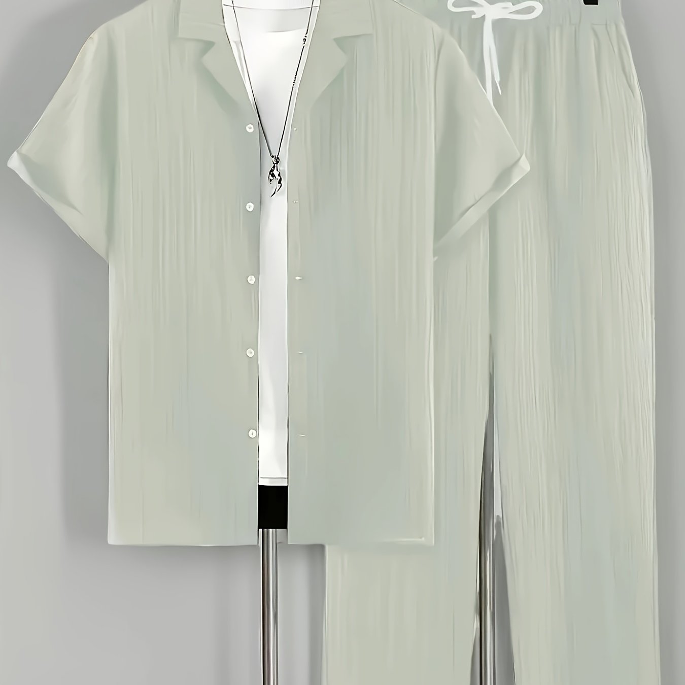 2pcs Men'S Casual Summer Set - Short Sleeve Button-Up Cuban Collar Shirt and Drawstring Waist Pants, Polyester Blend, Solid Color, Regular Fit, Breathable Fabric, Lightweight for Daily Wear