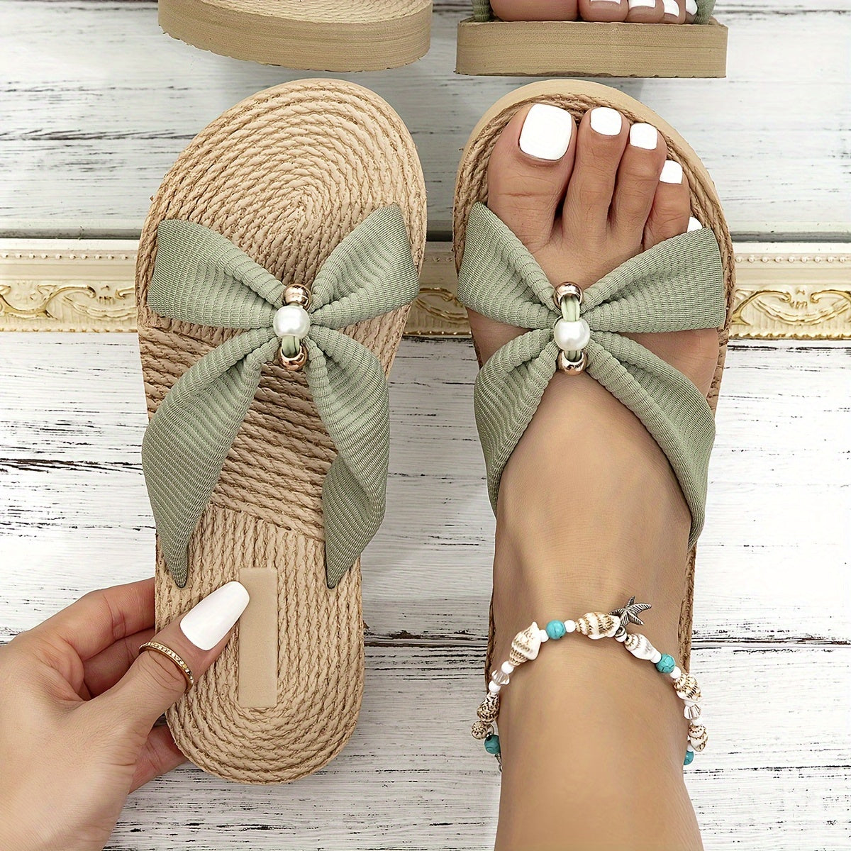 Women'S Beige Jewel Embroidery Flat Sandals - Lightweight, Comfortable Slip-On Beach Shoes with EVA Sole and Fabric Upper, Open Toe Design, Perfect for Summer, Beach Footwear|Decorative Sandals|Eva Sole Sandals