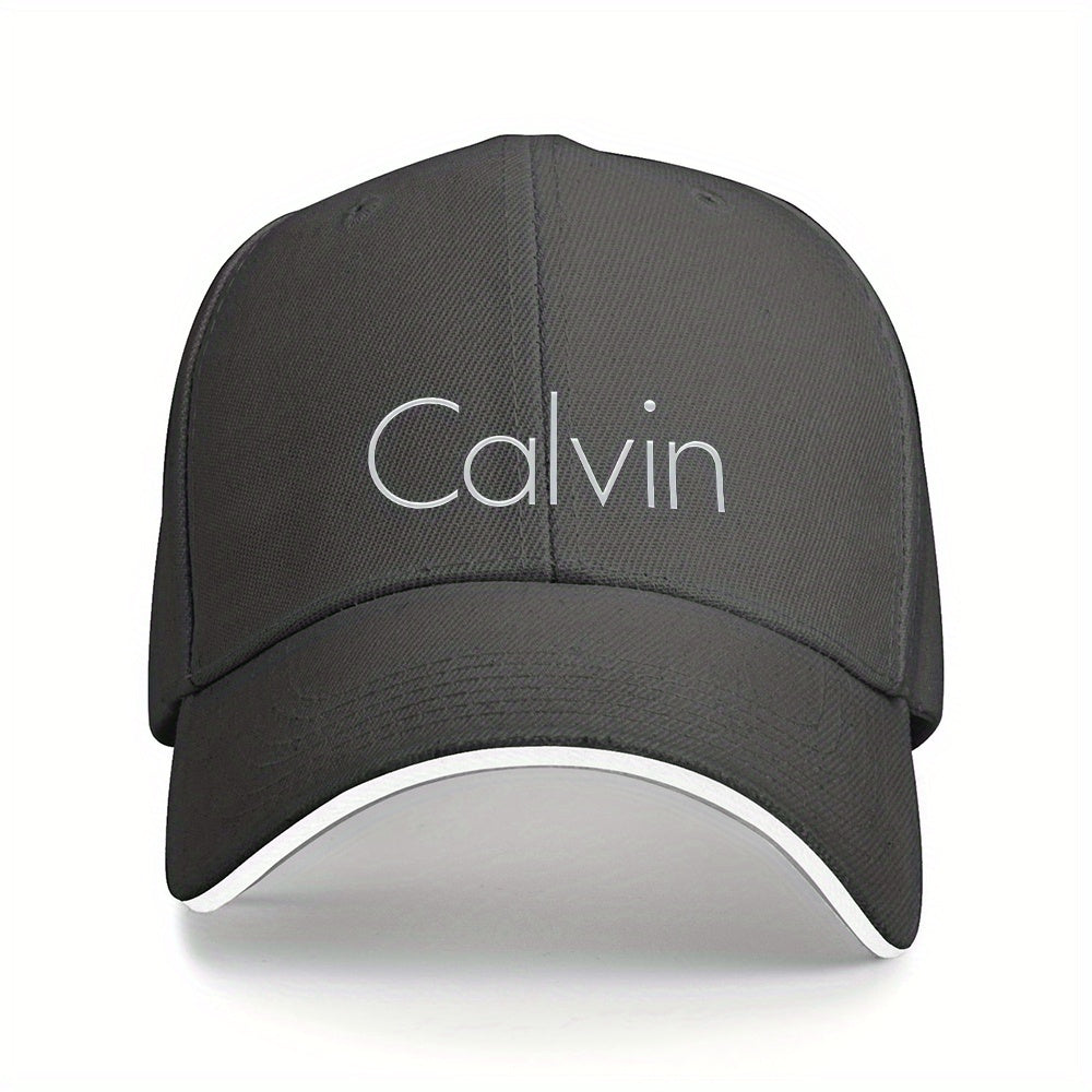 Men's Sporty Breathable Polyester Baseball Cap with Modern Metallic Calvin Text Pattern - Black & White Contrast Design for Fitness, Running, Couples Matching Hats, Fitness Accessory, Sleek Sporty Style, Comfortable Headwear