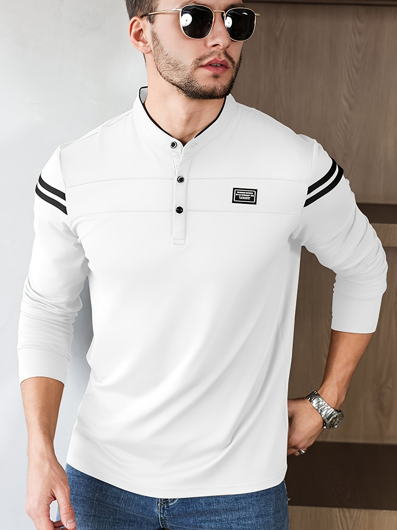 Men'S Casual Long Sleeve T-Shirt - Solid Color with Stand Collar & Stripe Polo, Button-Up Front, Ideal for Outdoor Activities