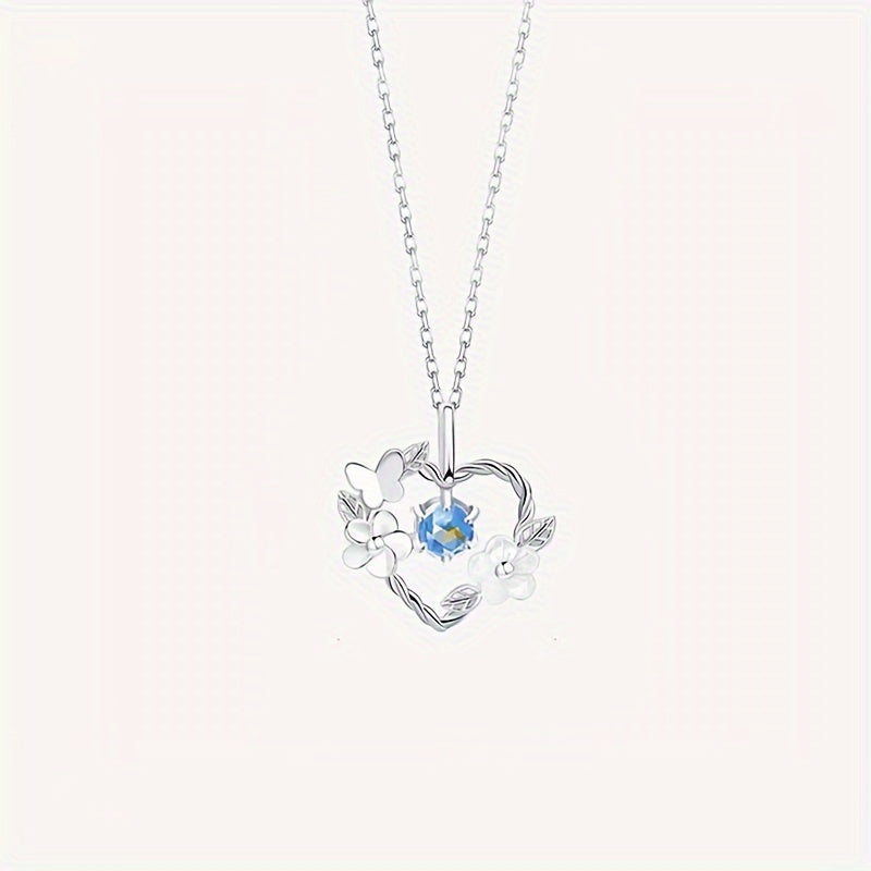 Elegant Heart Pendant Necklace with Synthetic Blue Gem and Floral Design for Women, Glass Main Material, Non-Plated, Ideal for Daily Wear and Valentine's Day Gift - All Season Compatible