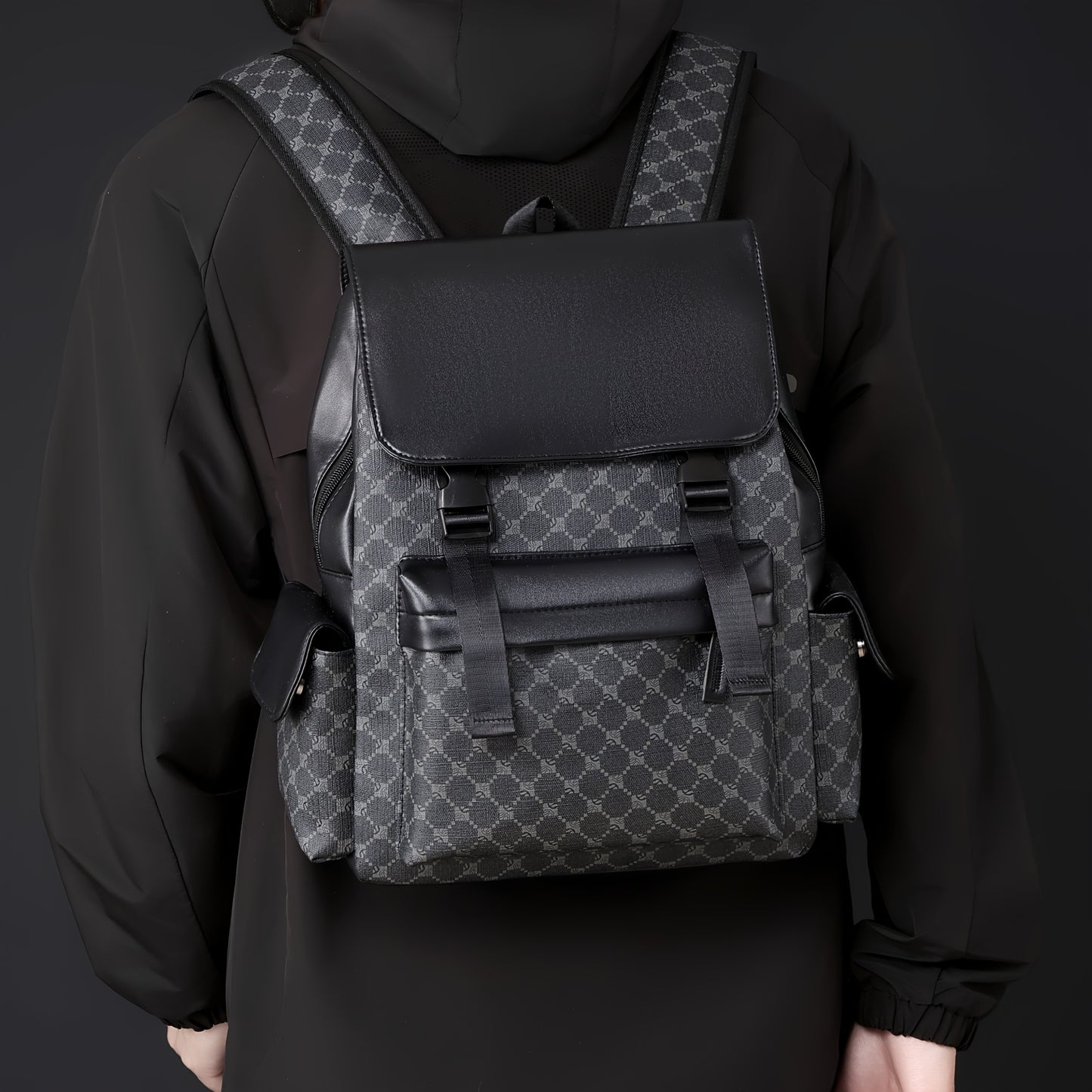 Men'S Stylish Black & Brown Gingham Print Backpack - Versatile Commuter Bag with Multiple Pockets, Adjustable Straps, and Golden-Tone Hardware for Work, Travel, and Study, Travel Backpack | Gingham Pattern | Synthetic Backpac