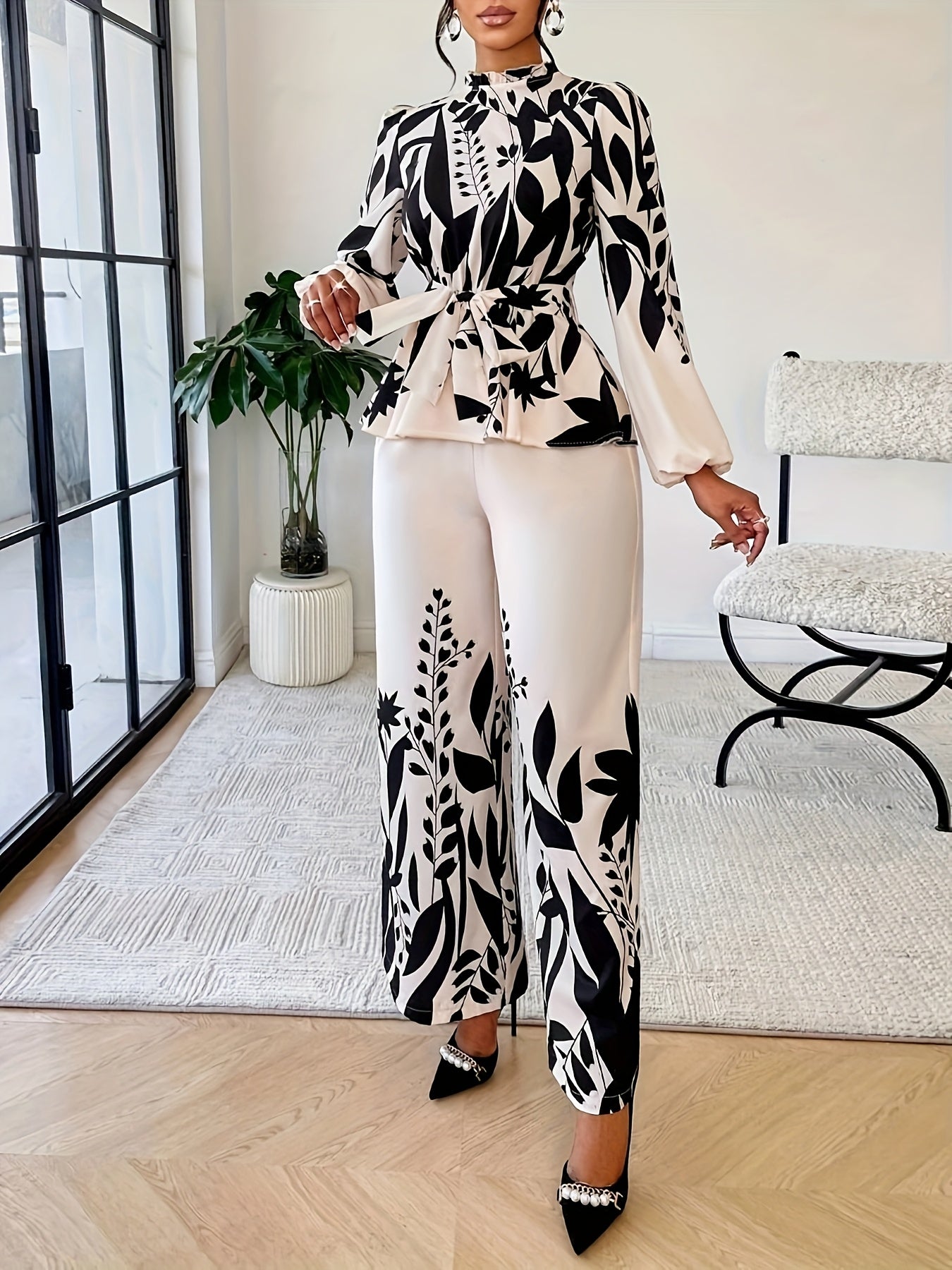 Spring And Autumn Fashionable Women'S Floral Long-Sleeve Top And Pants Set