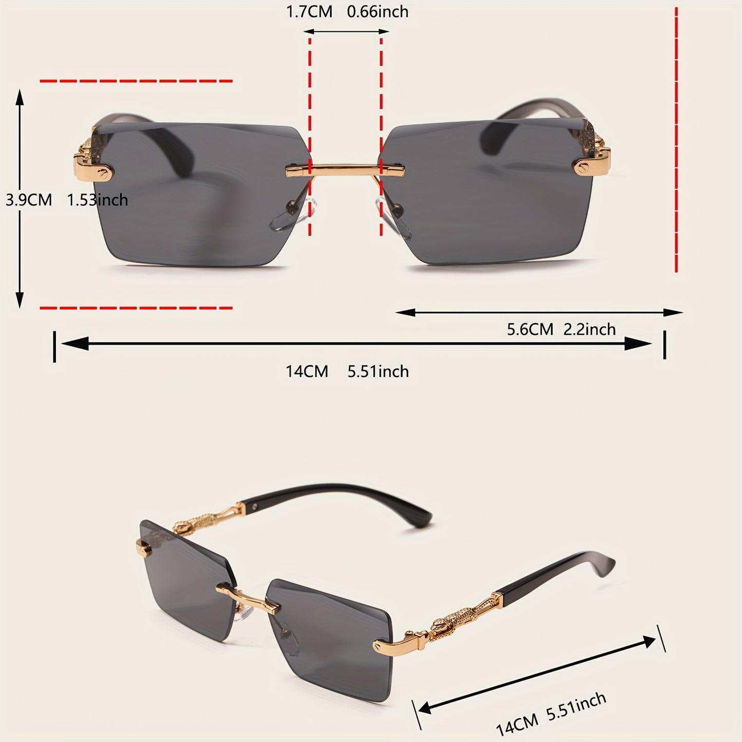 A pair of fashionable glasses with a retro style, featuring rimless leopard print temples and a compact trendy frame