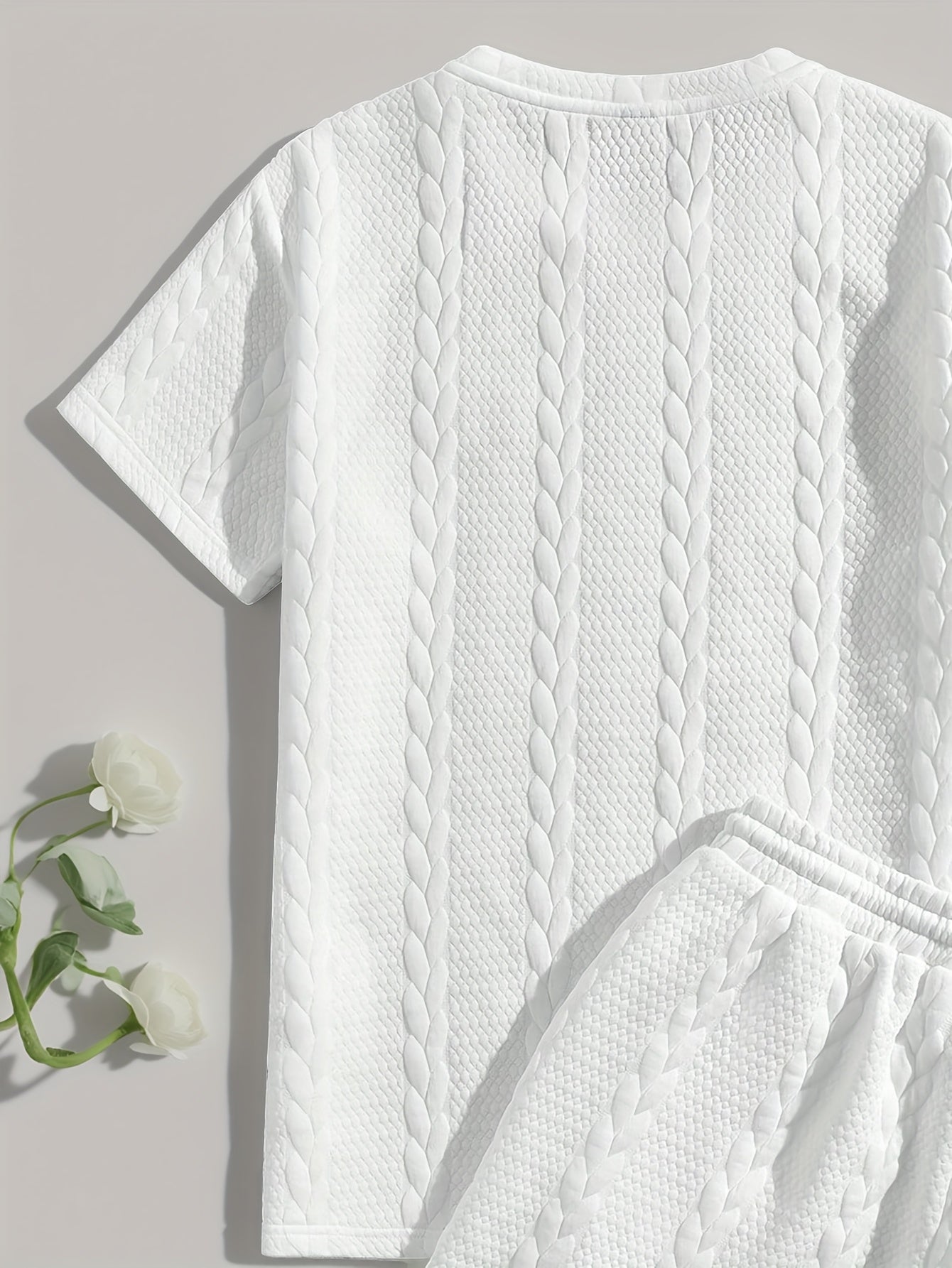 Men'S Casual Short Sleeve T-Shirt and Shorts Set - Knit, Light Gray, Two-Piece, All-Season Comfort, Drawstring Waist, Casual Style, Allseason Comfortwear | Casual Style Set | Knit Texture, Thick