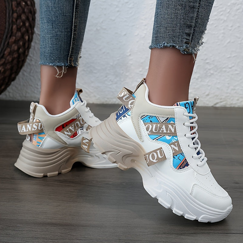 Women's Letter Design Chunky Sneakers, Fashion Lace Up Outdoor Shoes, Comfortable Low Top Sport Shoes