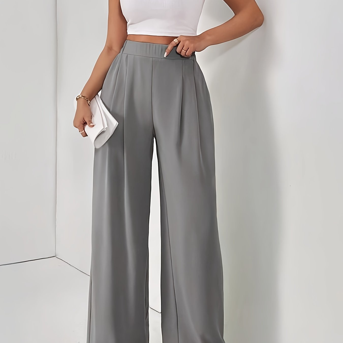 Women'S Stylish Gray Wide Leg Pants with Elastic Waistband and Double Pockets - Perfect for Office, Commuting, or Casual Wear