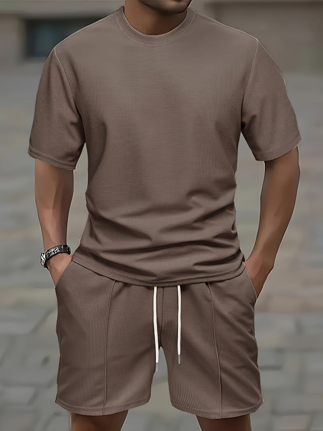 European and American Style Men's Basic Solid Color Set Round Neck Short Sleeve T-Shirt + Shorts Two-Piece Suit