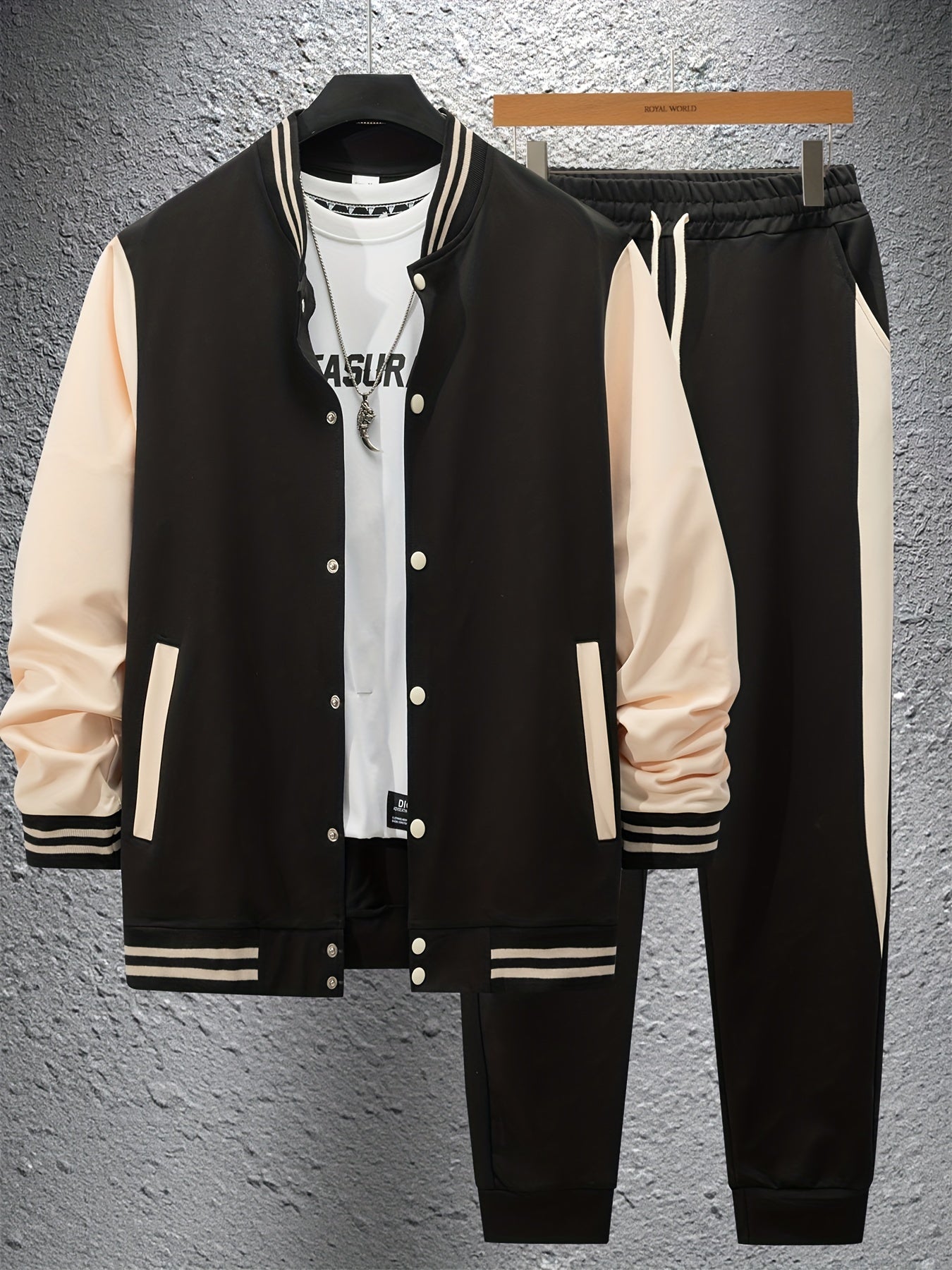 Men'S Casual Baseball Collar Jacket and Pants Set, Color Block Long Sleeve Sweatshirt and Sweatpants, Polyester Woven Suit with Button Detail, Spring/Fall Collection