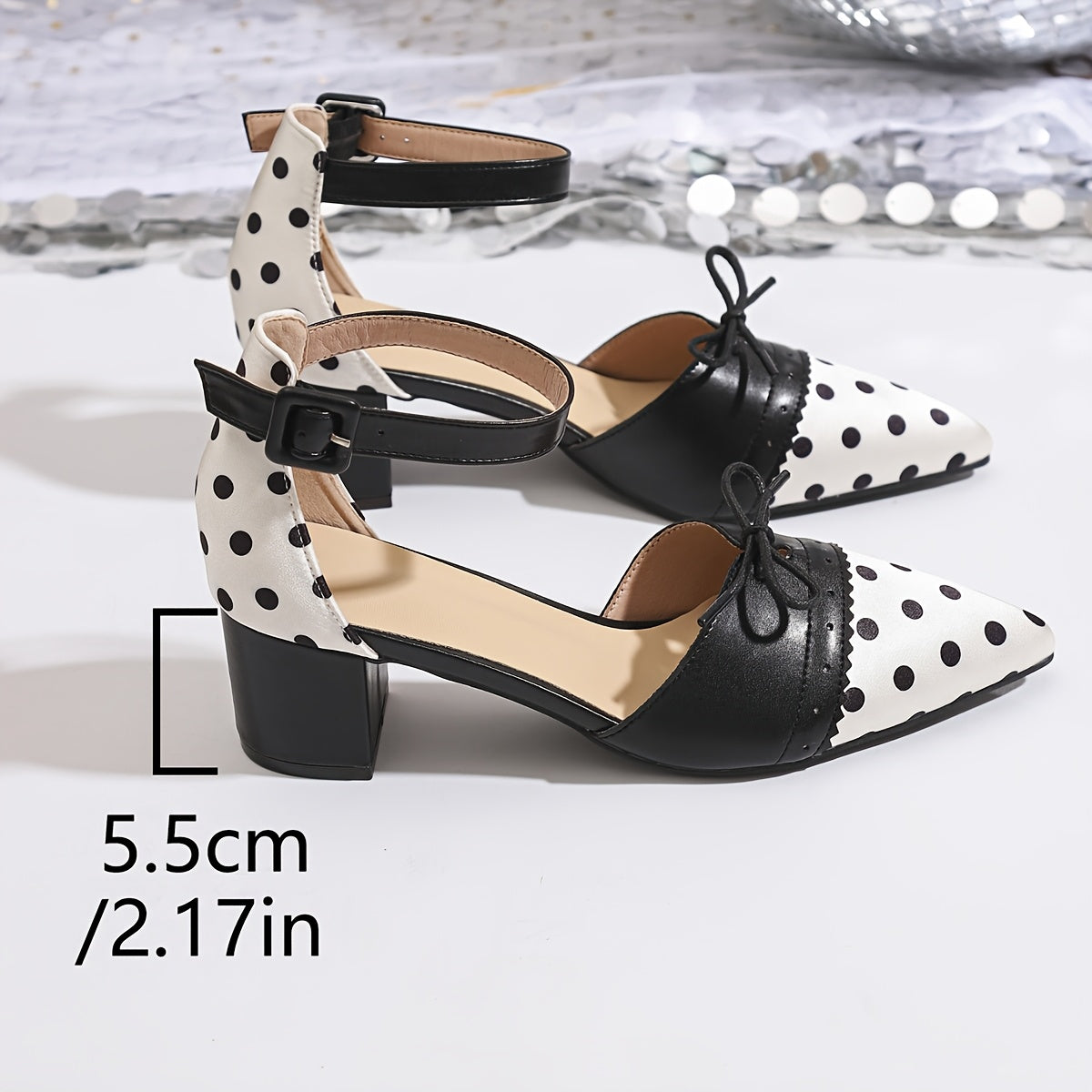 Women'S Sexy Polka Dot Mary Jane Pumps with Bow Detail - Pointed Toe, Block Heel, Ankle Strap, Summer Fashion Show Shoes, Hollow Design, Synthetic Cover & Rubber Sole, Summer Fashion Shoes | Polka Dot Pattern | Rubber Sole Fo