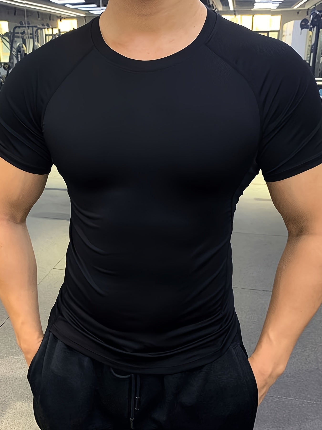 Men's Quick-Dry Athletic T-Shirt - Stretchy, Breathable Polyester, Short Sleeve, Round Neck, Black, Gym & Running Workout Essential, Sports Clothing | Sleek Athletic Tee | Breathable Fabric, Workout Clothes