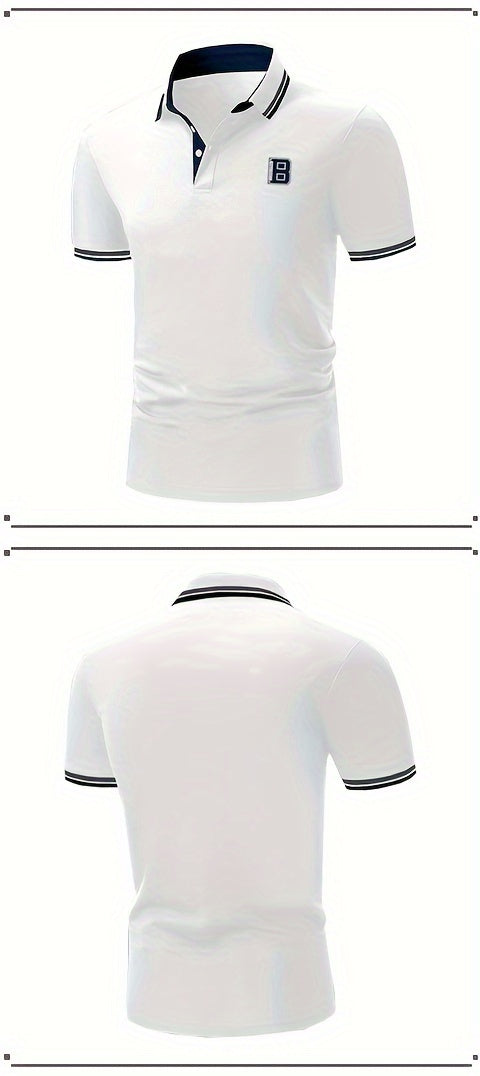 Men's Trendy Simple Letter Print Color Block Short Sleeve Button Up Lapel Shirt For Summer Daily, Golf Shirt