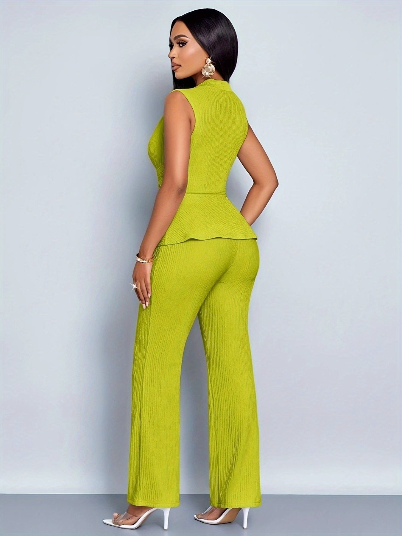 Elegant Women'S Two-Piece Set, Sleeveless V-Neck Top & Wide-Leg Pants, Solid Color, Asymmetrical Design, All-Season Casual Wear, Casual Attire | Asymmetrical Top | Wideleg Pants