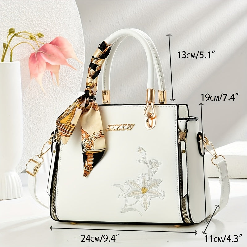 JXZYW Women'S Floral Embossed Large Capacity Tote Bag - Stylish White Shoulder Handbag with Golden-Tone Hardware, Black Handles & Floral Design for Commuting, Shopping, and Casual Outings, Versatile Carryall, Sophisticated Ac