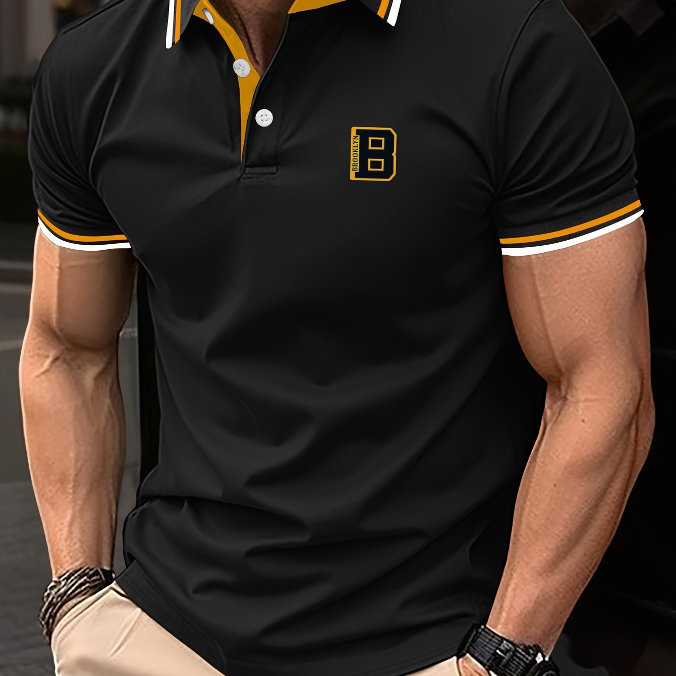 Men's Trendy Simple Letter Print Color Block Short Sleeve Button Up Lapel Shirt For Summer Daily, Golf Shirt
