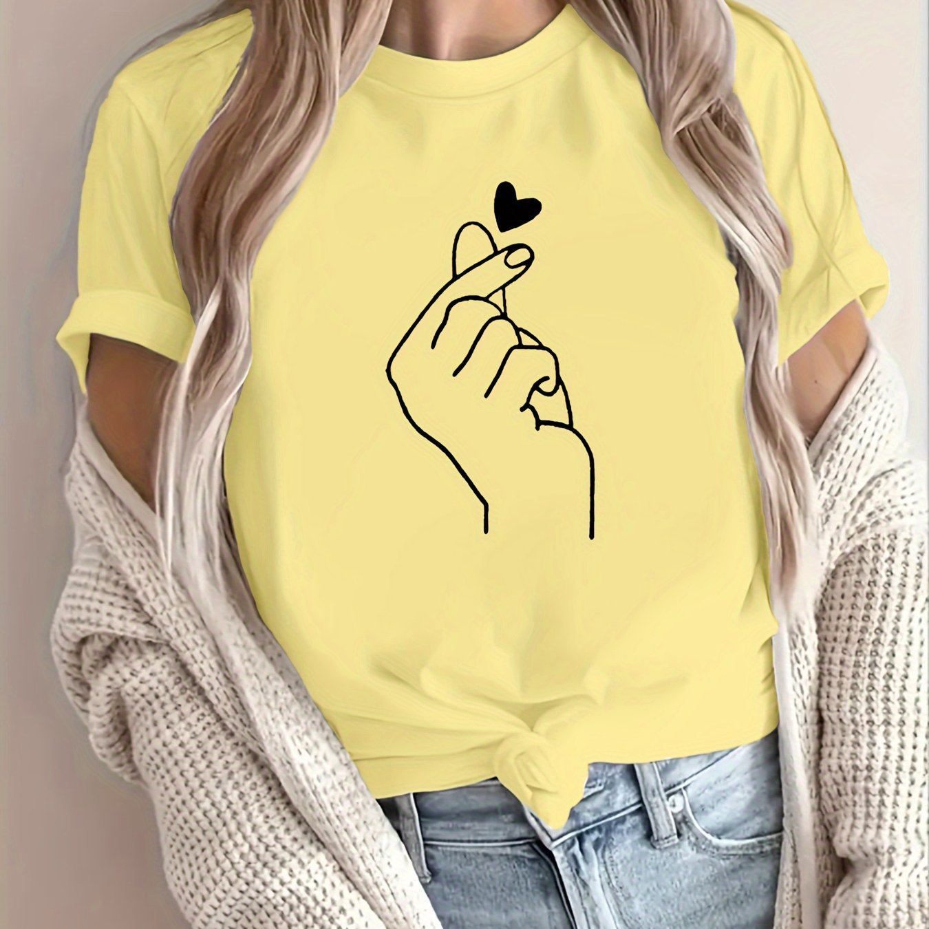 Finger Heart Print T-Shirt, Short Sleeve Crew Neck Casual Top For Summer & Spring, Women's Clothing