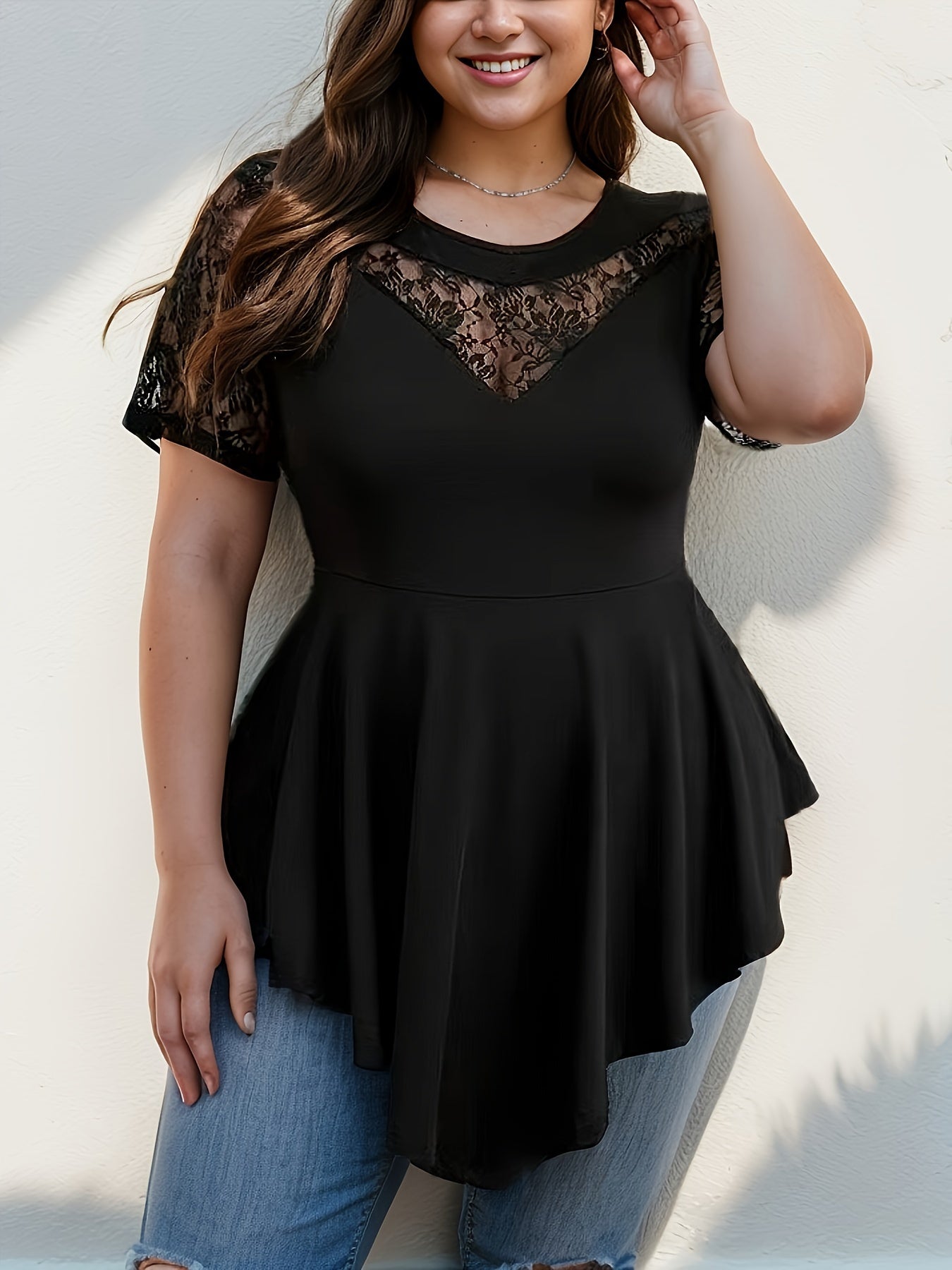 Plus Size Lace Splicing Crew Neck T-shirt, Elegant Short Sleeve Hanky Hem Top For Spring & Summer, Women's Plus Size Clothing