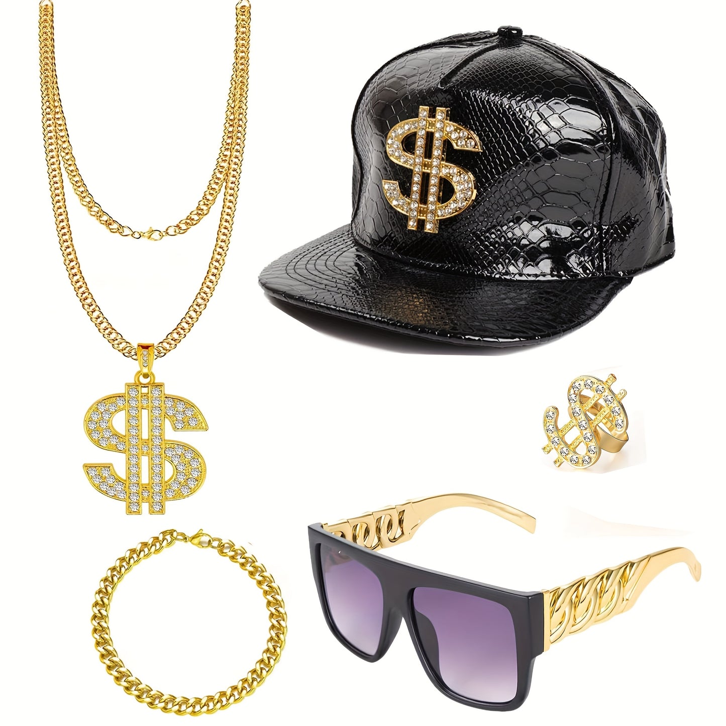 5pcs Hip Hop Costume Kit 80s 90s Rapper Accessories Set Golden Rapper Hat Baseball Cap Punk Fashion Glasses Golden Dollar Sign Pendant Necklace Ring Bracelet for Men Women Carnivals, throwback party Outfit Halloween Jewelry f