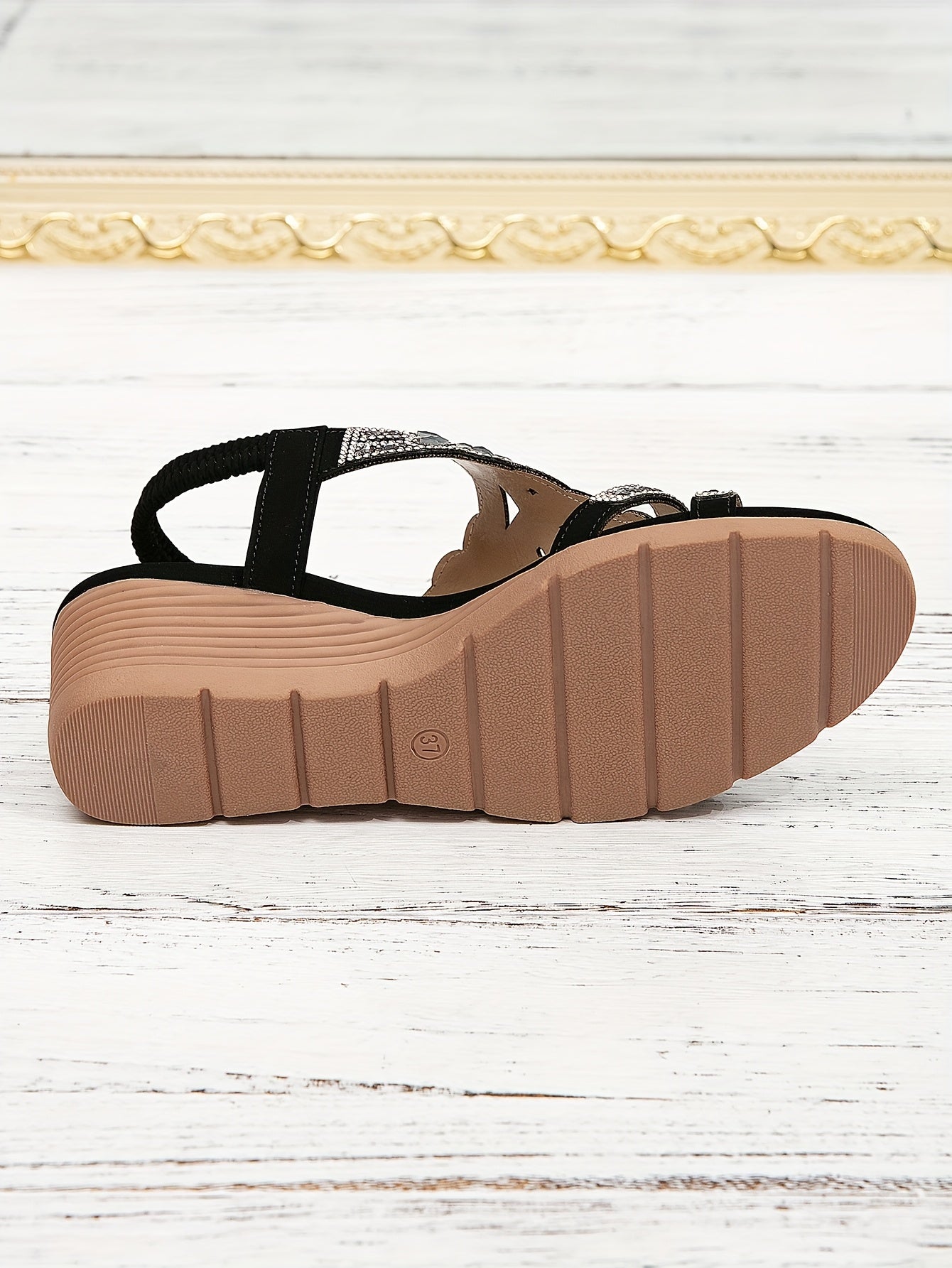 Vibrant Comfort | Bohemian Style Women's Rhinestone Wedge Sandals, Open Toe Platform Heel with Elastic Strap, Summer Beach Music Festival Slip-On Shoes, Man-Made Upper/Inner/Insole, TPR Sole, Beach Sandals | Toe Post Sandals