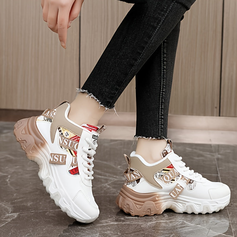 Women's Breathable Lightweight Running Shoes - Trendy Color Block Design with "NO Fear Limits" Print, Casual Athletic Sneakers, Lace-Up Closure, Beige & Red Upper, Rubber Sole, All-Season Wear, Ladies Sneakers, Sporty Lifesty