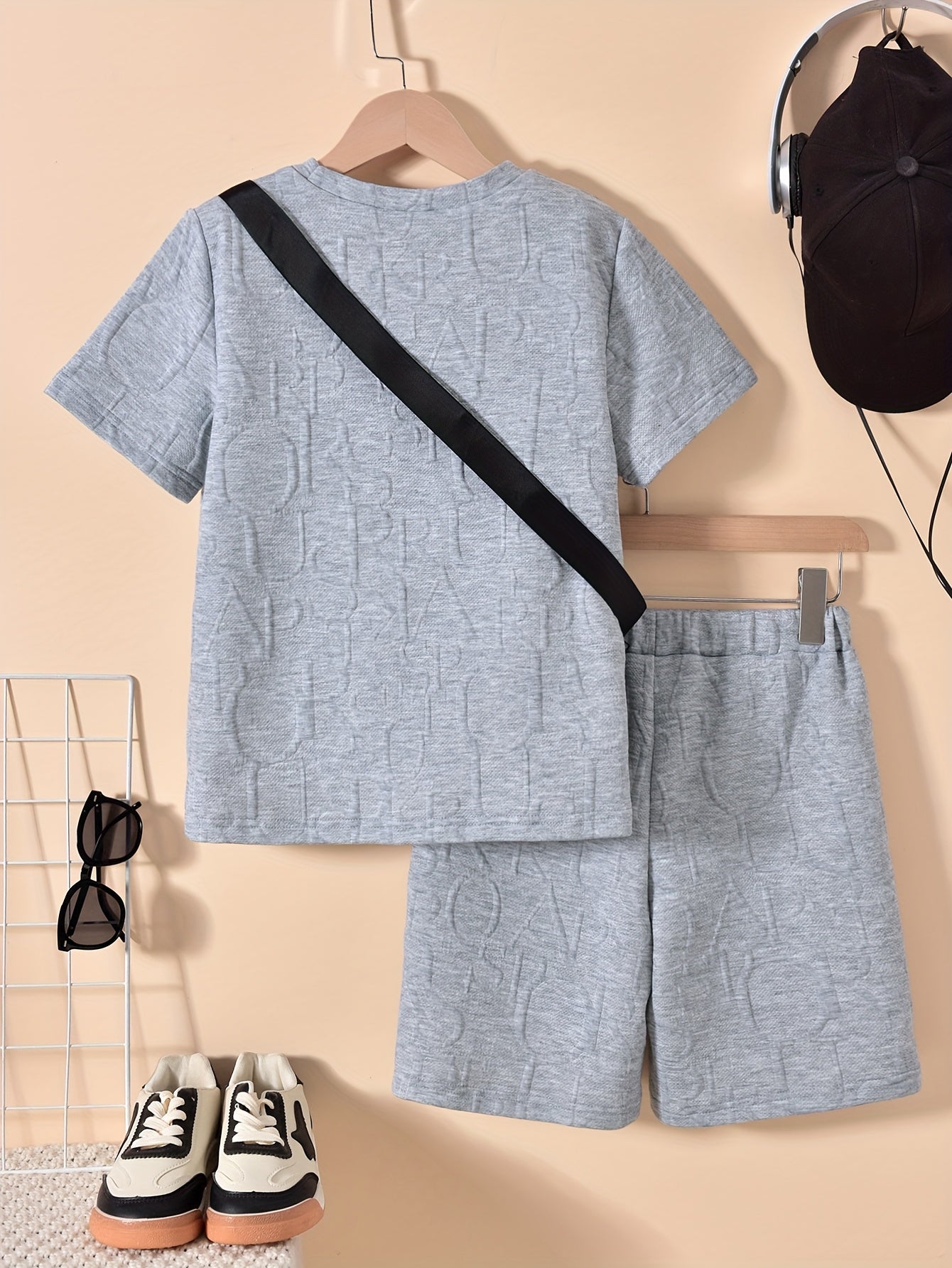 Boys' Stylish White Short Sleeve T-Shirt + Casual Shorts + Fashion Crossbody Bag Set, Perfect for Outdoor
