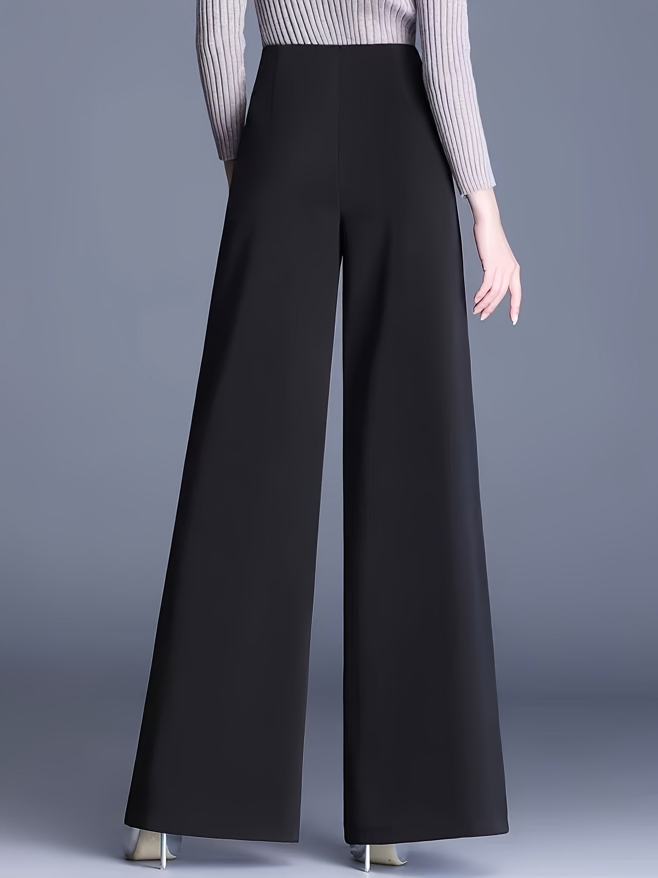 Women'S High-Waist Wide Leg Pants, Casual Solid Color Polyester Blend (94% Polyester, 6% Elastane), All-Season Straight Leg Trousers with Double Button Detail, Zipper Fly Closure, 200g/m² Woven Fabric, Perfect for Going Out