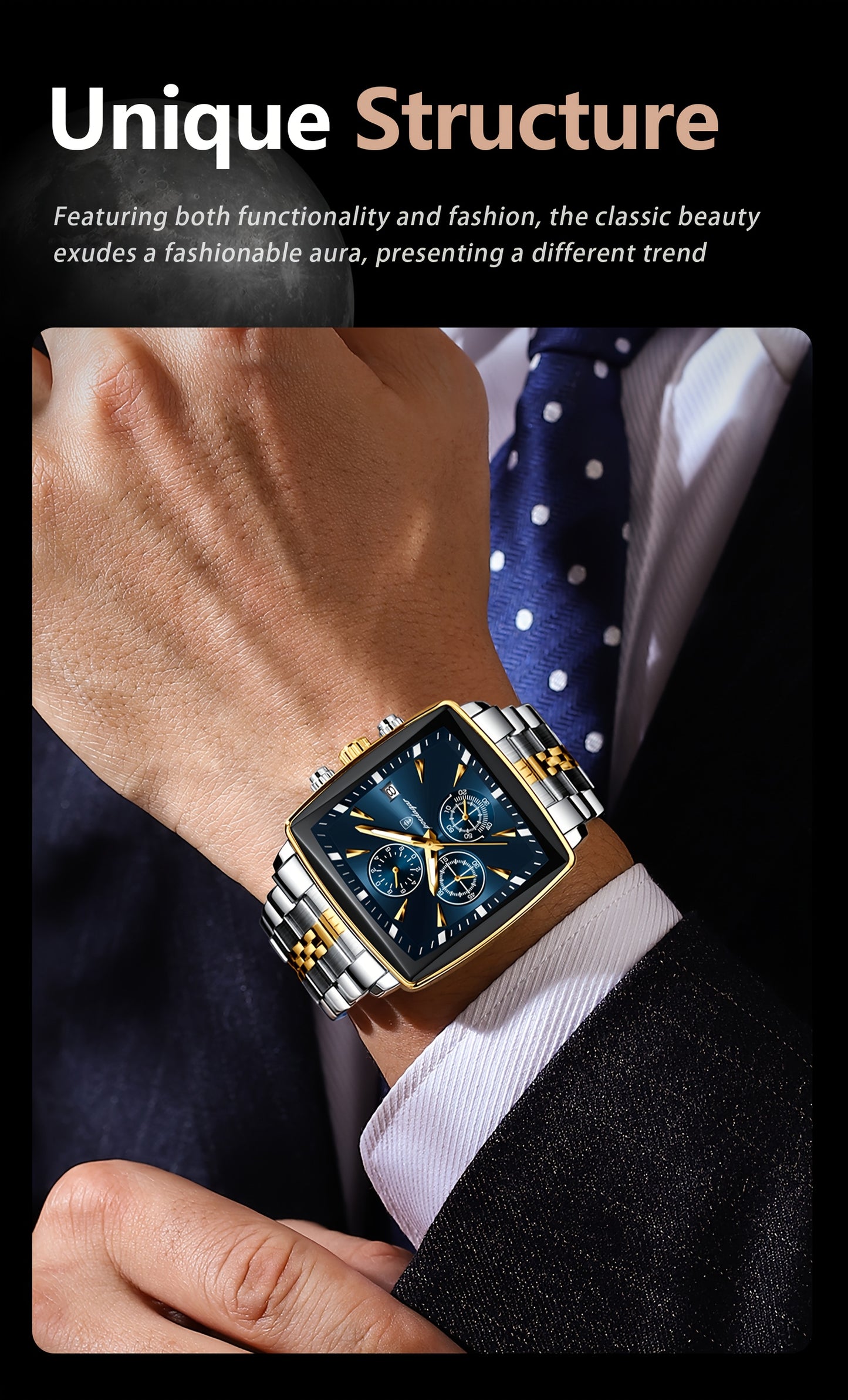 POEDAGAR Men's Stainless Steel Luminous Watch - Blue Dial Chronograph, High Quality Quartz Movement with Date Calendar, Golden-Tone Accents for Business Casual & Casual Attire, Formal Accessory, Stylish Accessory, Refined Cra