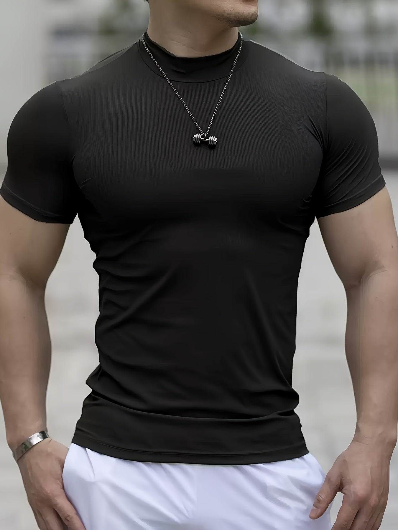 Men'S White Short Sleeve T-Shirt - Stretchy, Moisture-Wicking, Round Neck, Casual Fitness Wear for Summer, Sporty Style, Sportswear Tee | Sporty Neckline | Stretchy Fabric
