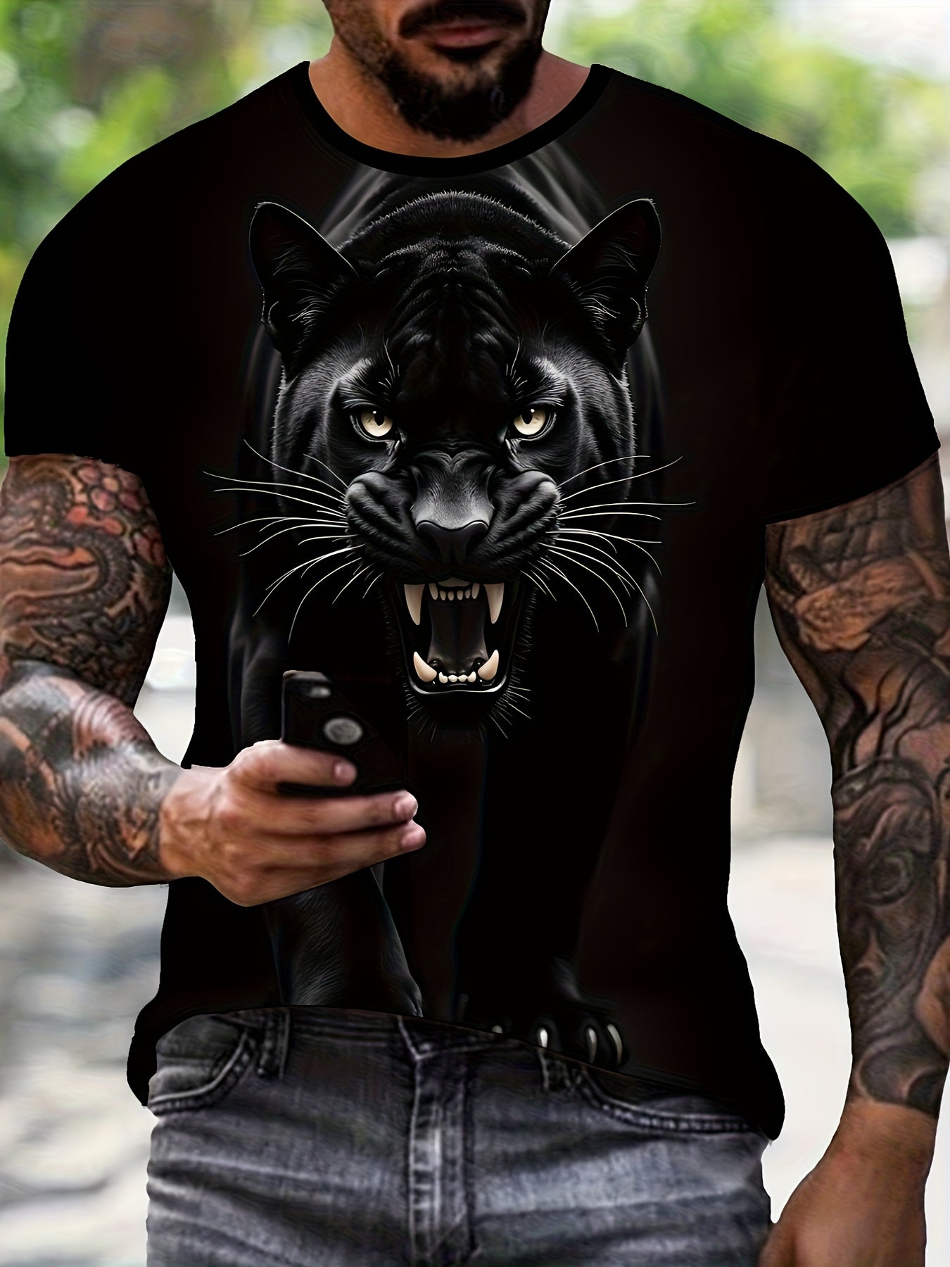 Men's 3D Animal Print T-Shirt, Black Leopard Pattern, New Fashion Trendy Casual Comfortable Tee, Stylish Short Sleeve Top for Summer Daily Wear