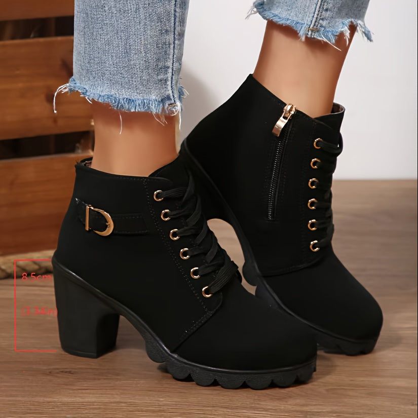 Women's Chunky platform heel Boots - Lace-up closure, Faux Cover Round-toe boots with, Thick Platform Sole for Dresses, Jeans, Party Outfits - All-Season Everyday & Formal Shoes, Stylish Outfit Additions, Side Zipper Detail,