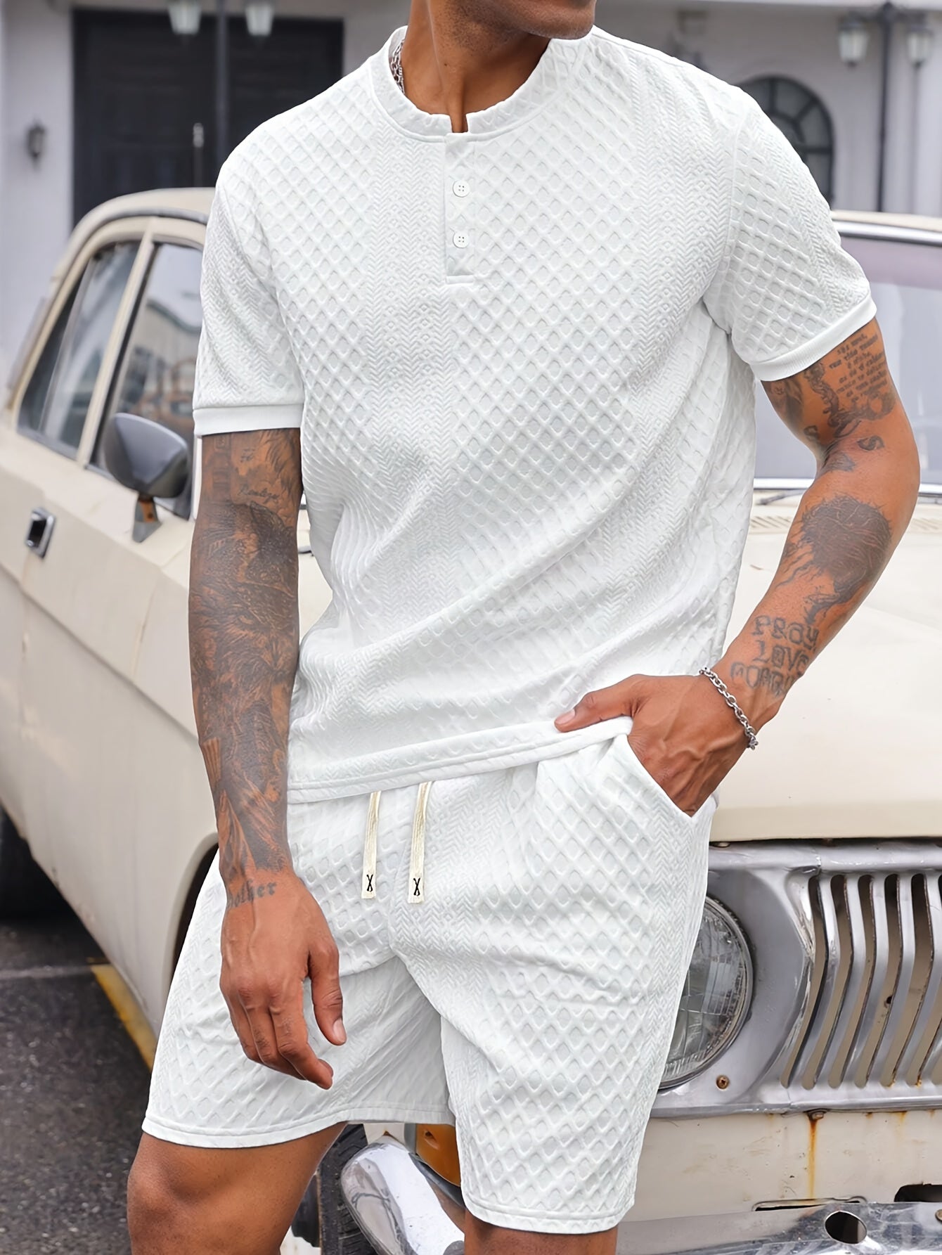 Two-Piece Set, Men'S Summer Outfit, Jacquard Set, Round Neck Short Sleeve, Drawstring Shorts, High Weight Fabric, Casual Ensemble.