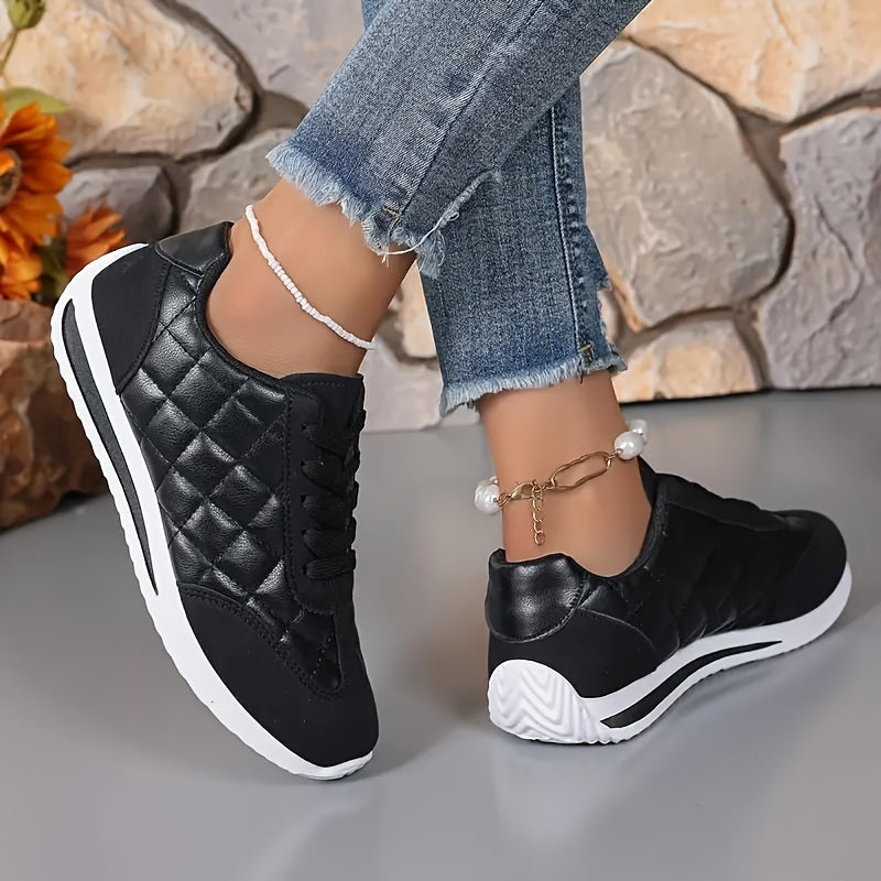 Women's Retro Athletic Sneakers - Lightweight, All-Season, Stability Support, Synthetic Leather Upper, Fabric Lining, TPR Sole, Quilted Design