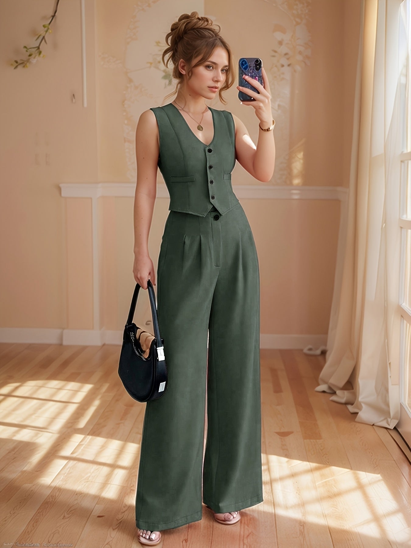 Design-Savvy Red Mini-Chic Sleeveless Suit Vest and Wide-Leg Pants Two-Piece Set