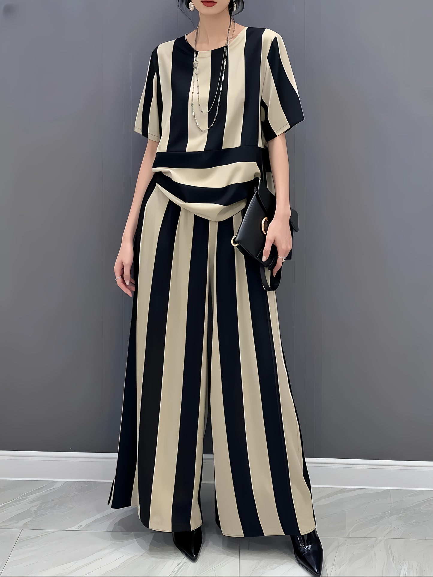 Artistic Irregular Stripe Loose Round Neck Pullover Top with Flared Pants Women's Set