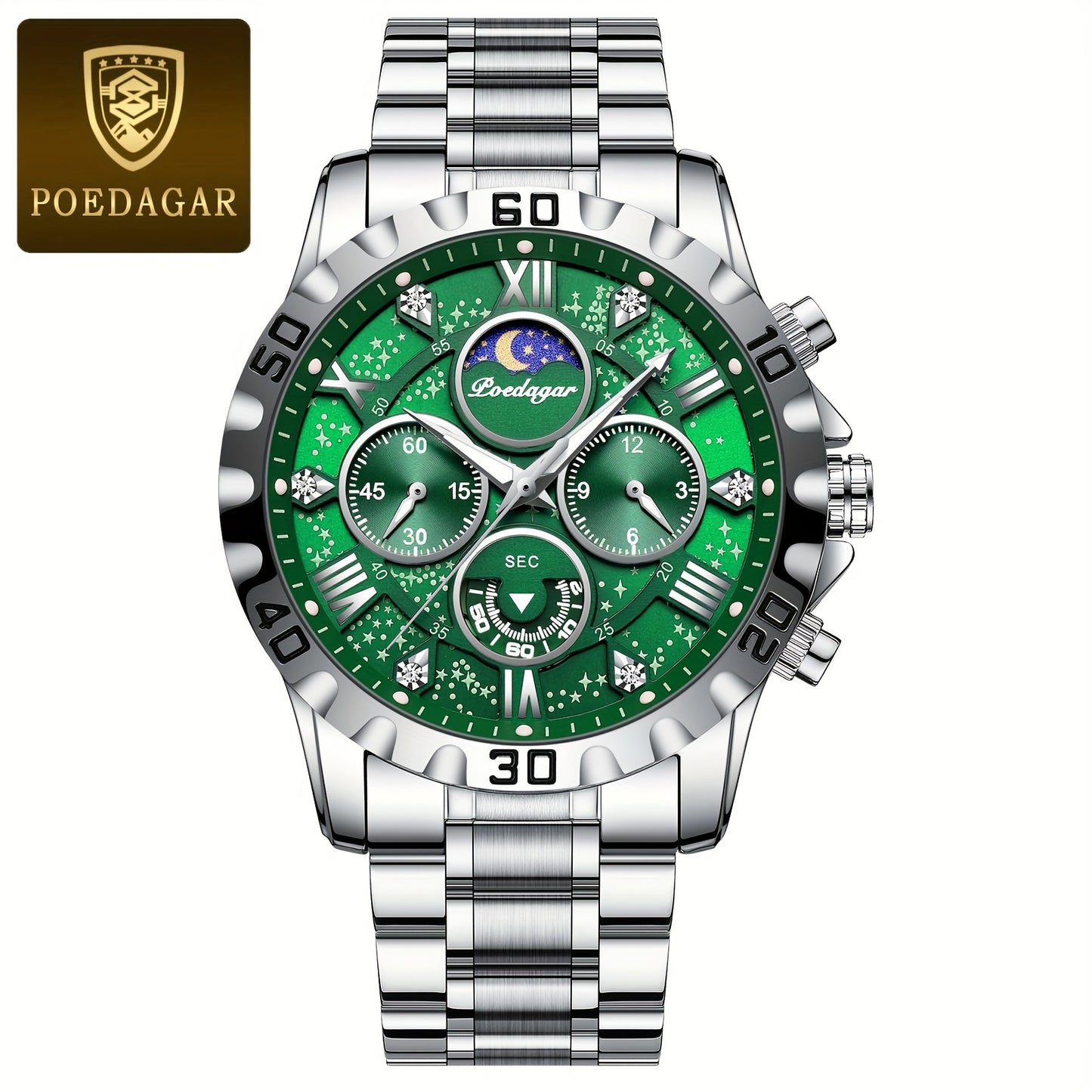 POEDAGAR Men'S Luxury Stainless Steel Quartz Watch with Moon Phase and Calendar - Waterproof, Night-Glow Hands, and Detailed Dial for Business and Formal Attire, Formal Watch | Detailed Watch Face | Quartz Movement