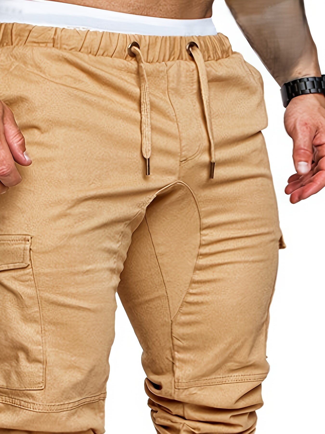 3-Pack Men'S Casual Cotton Cargo Pants, Solid Color, Non-Stretch, Regular Length, Drawstring Waist, Four Seasons, Standard Fit, Woven Fabric