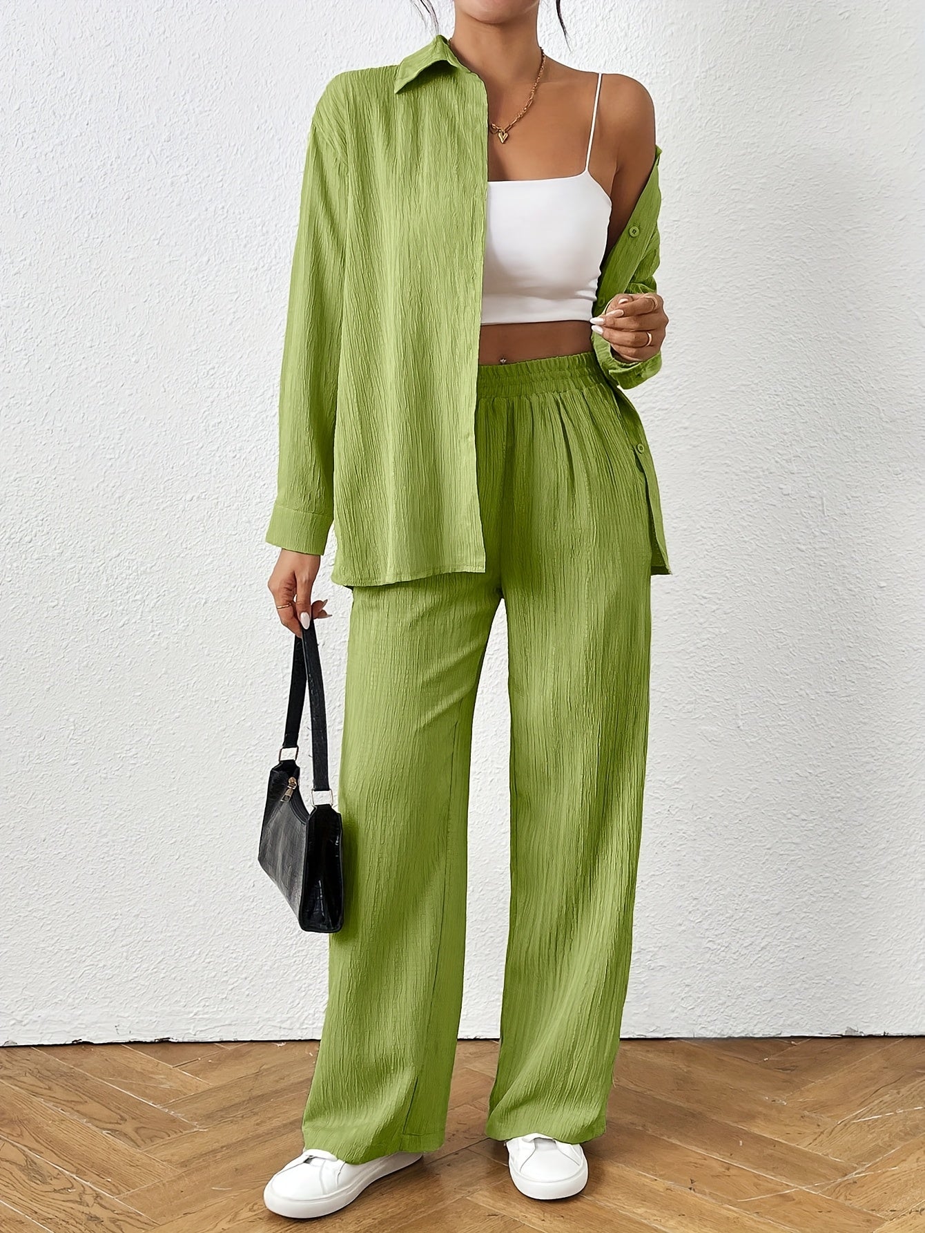 2pcs Women Spring & Autumn Casual Solid Color Long Sleeve Shirt And Pants Set