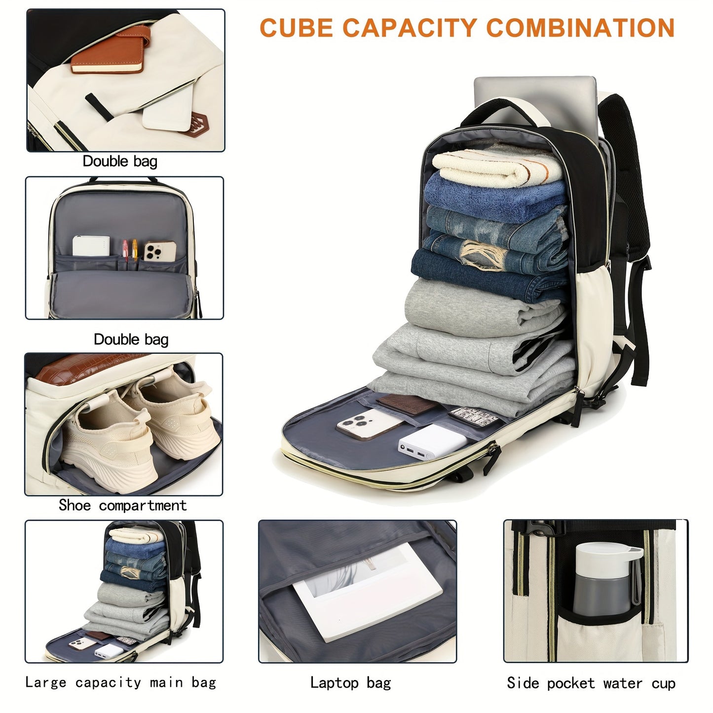 Large Capacity Women'S Travel Backpack with Shoe Compartment, Flight Approved Carry-On, Business Laptop Bag, Polyester Lined, Adjustable Strap, Zipper Closure, Solid White, USB Powered