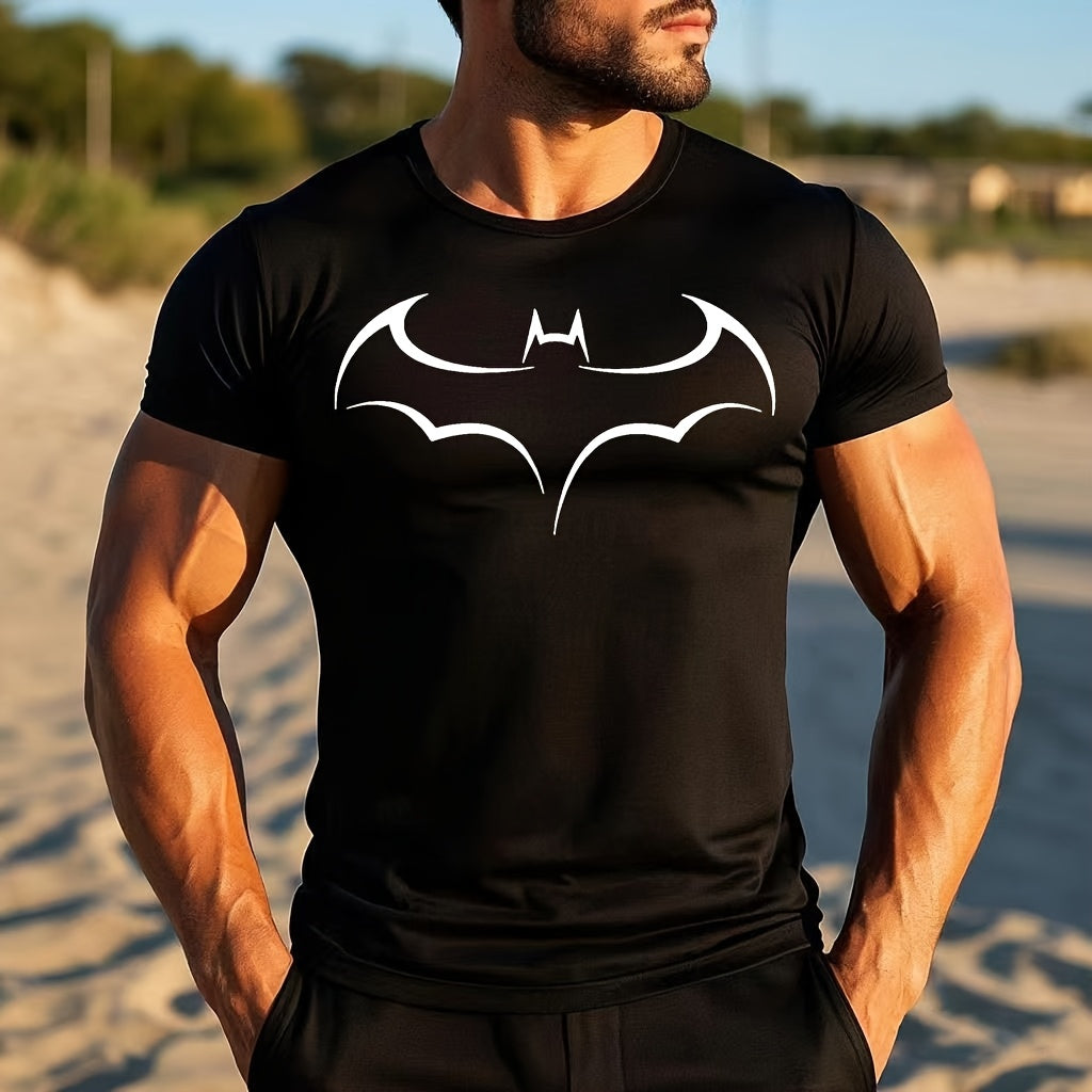 Minimalist High-End Bat Pattern Print Short-Sleeve Summer Fashion Casual Black And White Textured Men'S T-Shirt.