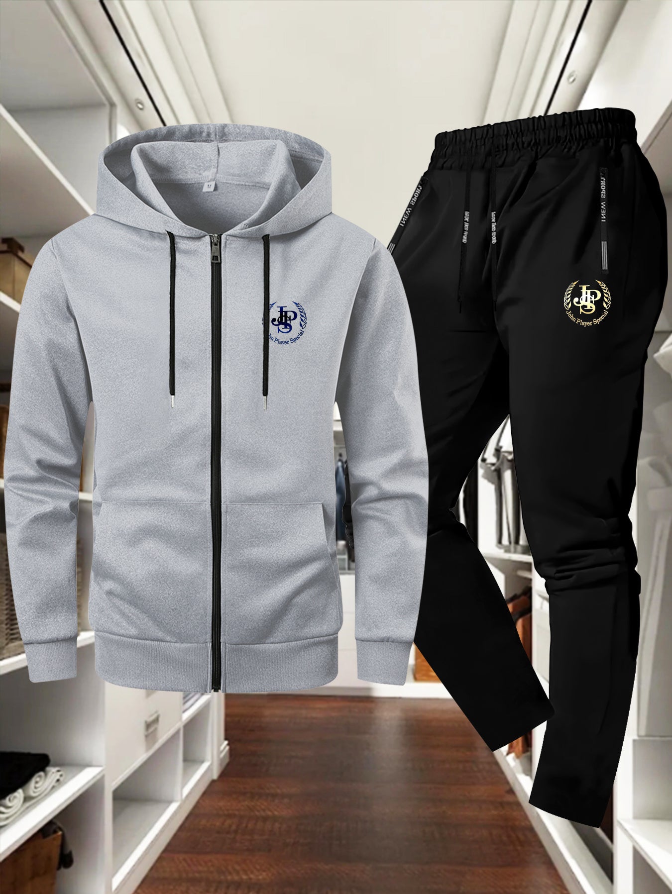 Men'S Trendy Autumn/Winter Jacket and Pants Set, JSP Print, Casual Young Sports Suit, Slim Fit, Long Sleeve, Zip-Up Hoodie with Pockets, Solid Color, Polyester, Casual Wear|JSP Print Jacket|Zippered Jacket, Autumn Clothin