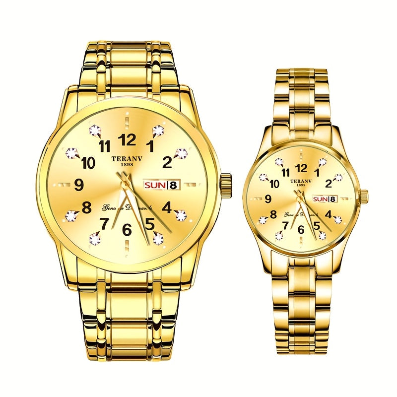 Two Stylish Digital Round Dial Couple'S Quartz Watches - IPX7 Waterproof, Luminous, Dual Calendar, Date and Day/Week Display, Alloy Strap Business Watches, Suitable for Women and Men, Valentine'S Day Gift Wristwatches