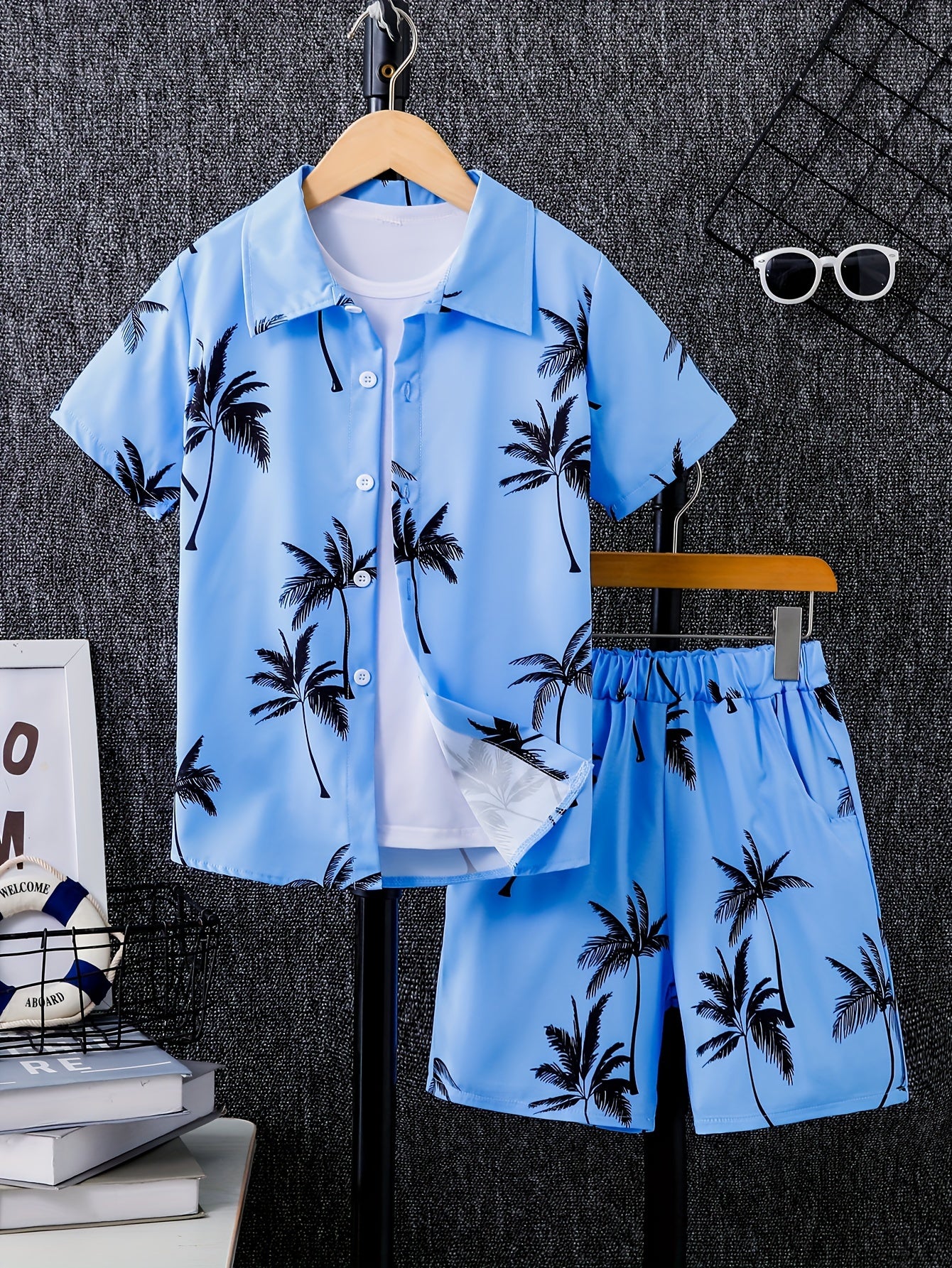 2pcs Boys Casual Coconut Tree Graphic Print Short Sleeve Lapel Shirt & Shorts Set, Comfy Summer Boys Clothing For Daily & Outdoor Wear