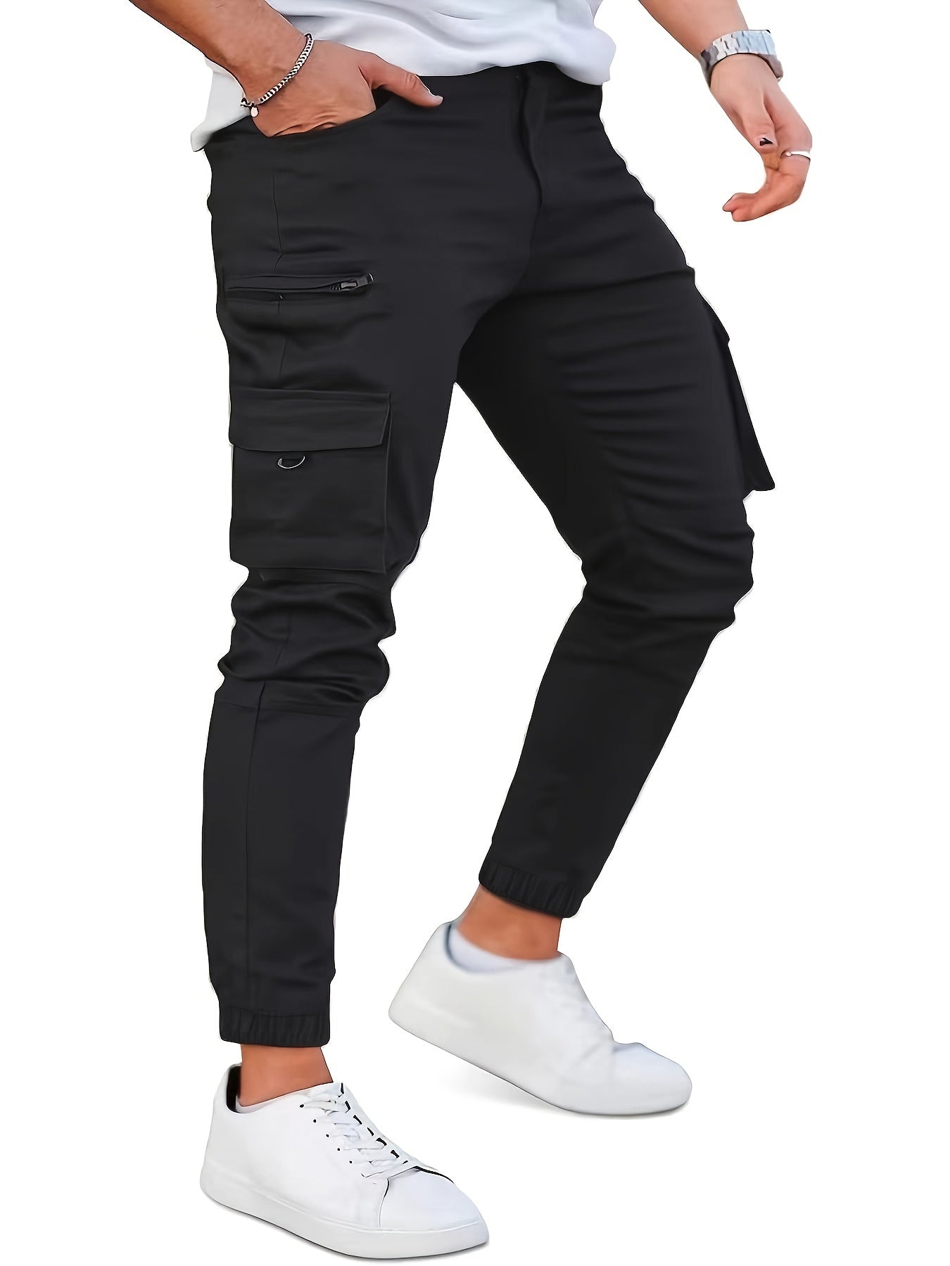 Men's Solid Color Multi-pocket Cargo Pants With Drawstrings, Casual Stylish Sports Trousers As Gift
