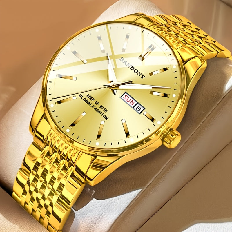 Banbony Men'S Stainless Steel Band Luminous Calendar Watch, IPX7 Waterproof, Quartz Movement, Round Zinc Alloy Case, Casual Fashion Style, with Pointer Display, Battery Powered, Non-rechargeable Button Battery, for B day