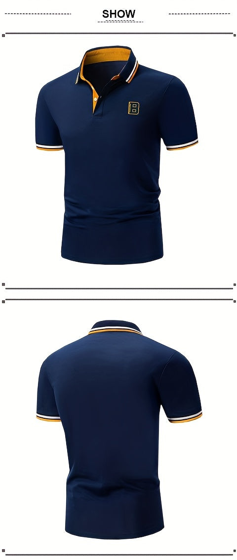 Men's Trendy Simple Letter Print Color Block Short Sleeve Button Up Lapel Shirt For Summer Daily, Golf Shirt