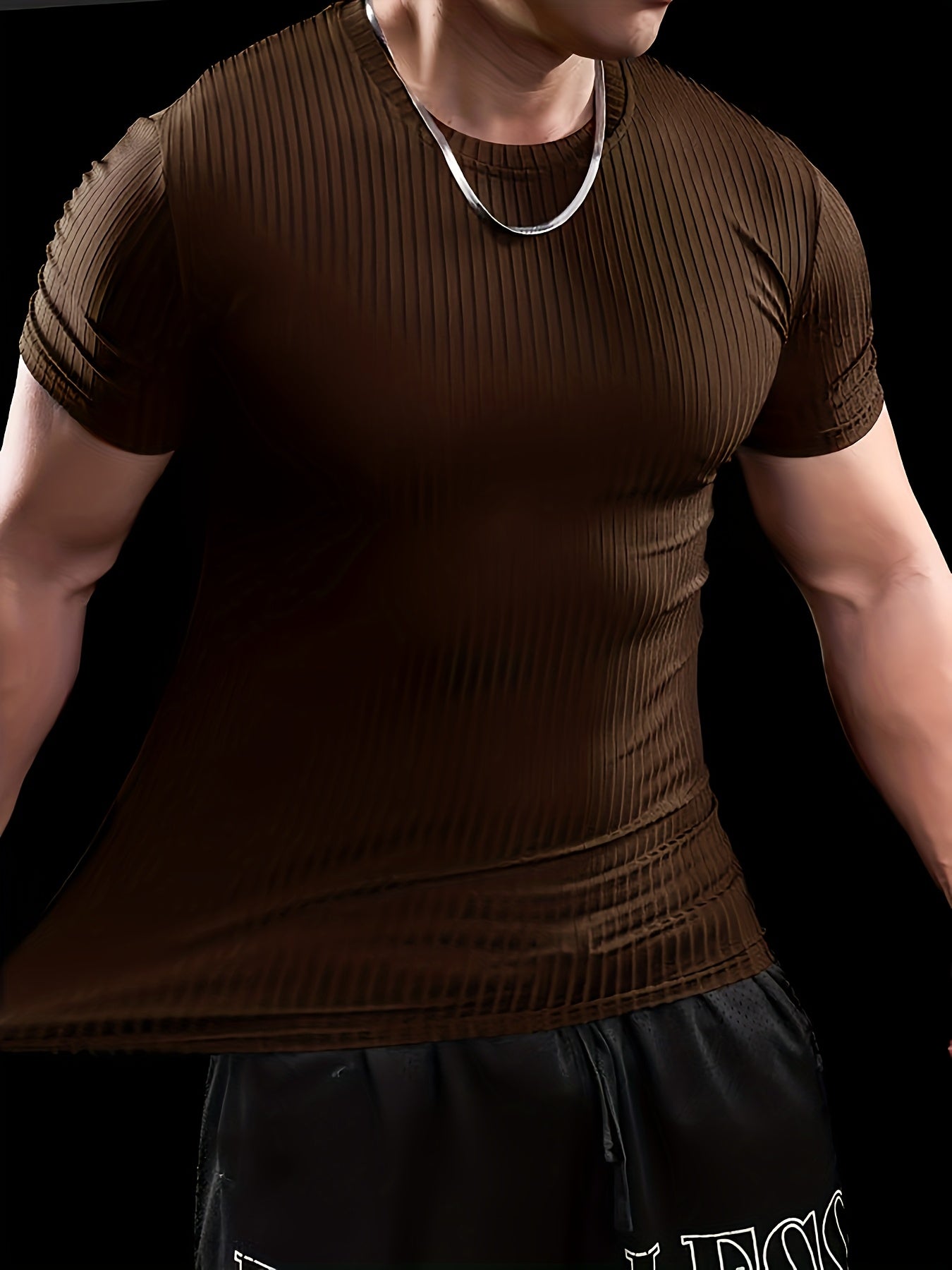 Men's Slim Fit Ribbed Short Sleeve T-Shirt - Stretchy Athletic & Casual Wear, Green, Round Neck, Machine Washable, Muscle-Enhancing Design, Gym Shirts