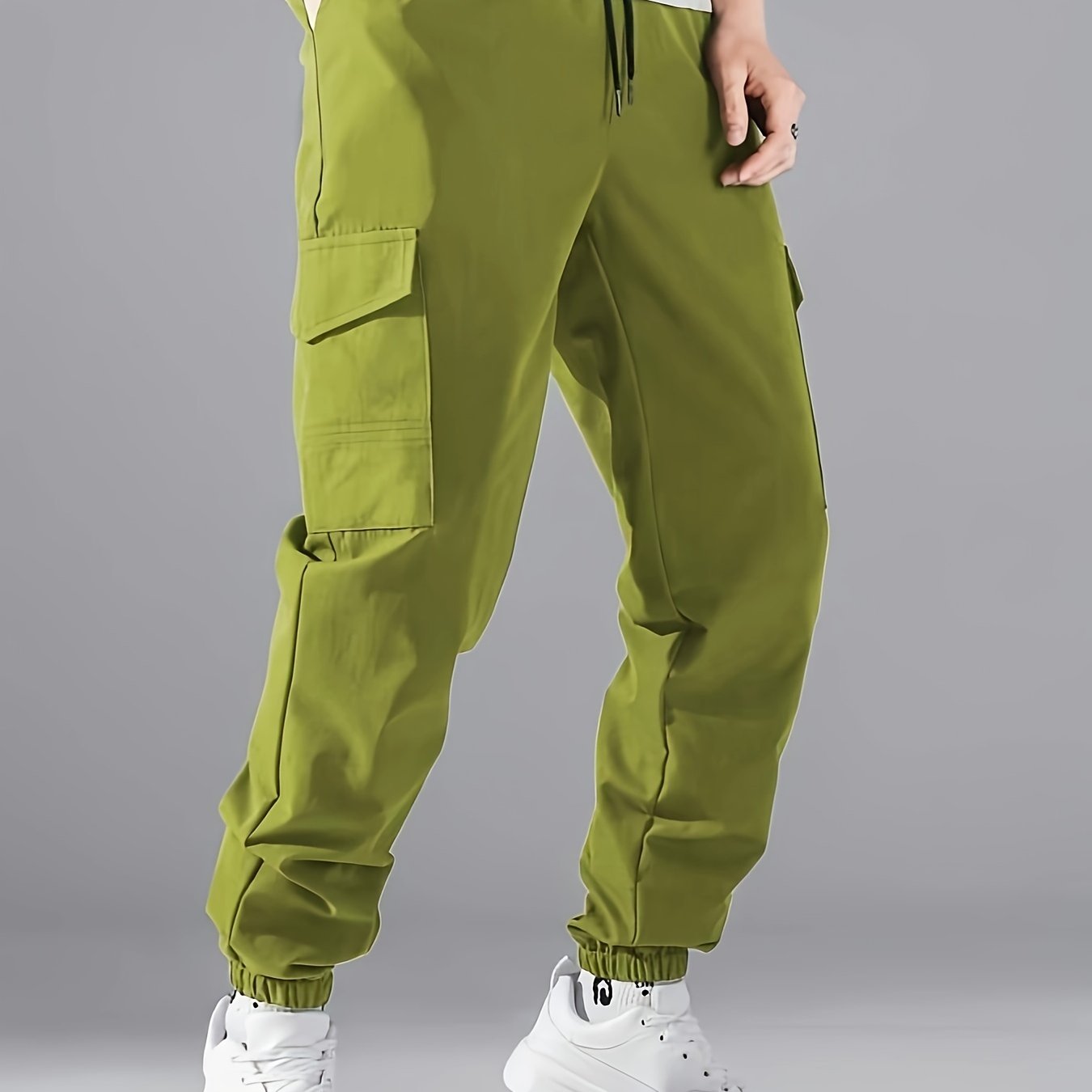 Men's Casual Athletic Cargo Pants - Solid Color, Polyester, Machine Washable with Multiple Pockets