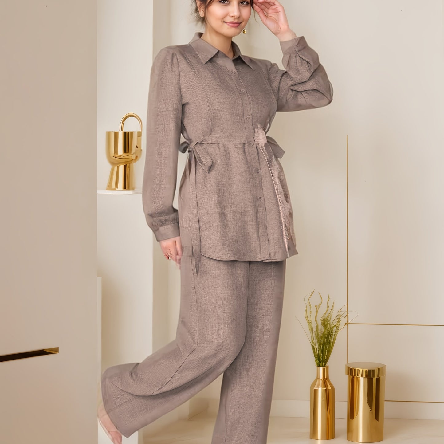 Two-Piece Abaya Set with Wide-Leg Pants, Long Sleeve Design with Back Tie, Suitable for Office and Daily Wear, Soft and Stretchable Fabric, Elegant Middle Eastern Style, Comfortable, Machine Washable, Practical and Stylish