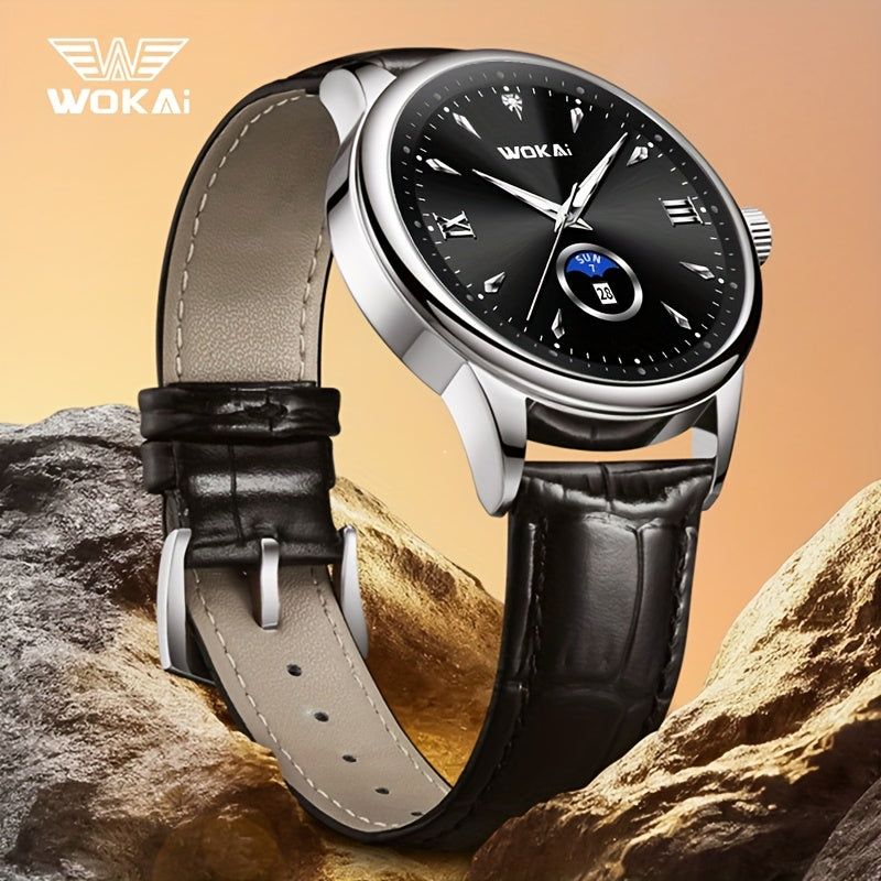 WOKAI Men's Sporty Watch with Glowing Dial, World Time & Date, Round Plastic Case, Faux Leather Strap, Battery-Powered, Perfect Gift for Spring & Summer
