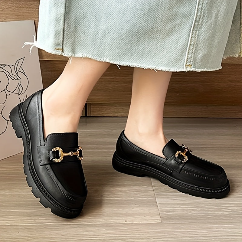 Women's Summer Fashion Loafers - Slip-On Platform Shoes with Metallic Buckle Decor, Round Toe, Cream/Black/Brown, Thick Sole TPU Material for Casual Outdoor Wear